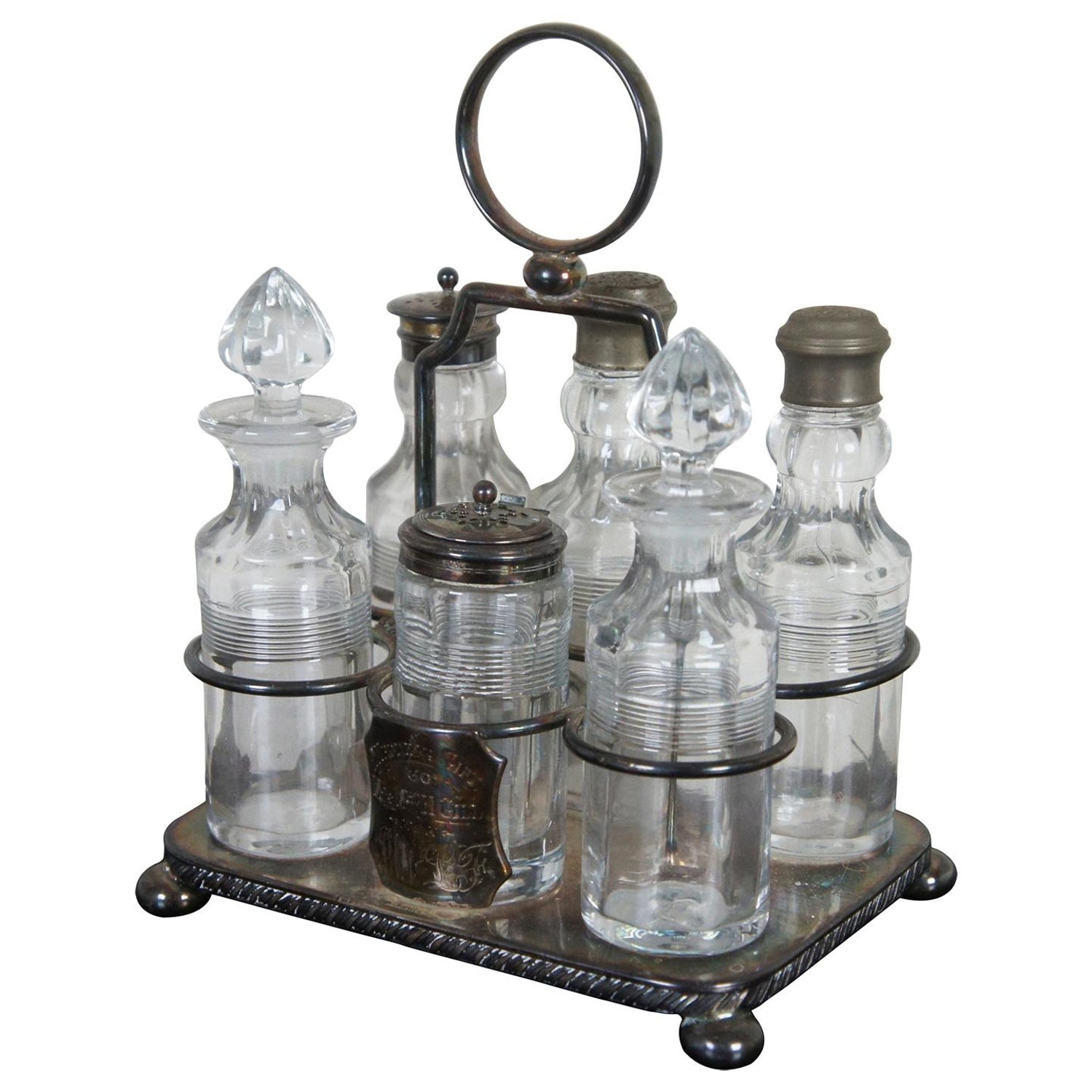 Antique Victorian Silver Plated Glass Cruet Condiment Set Monogrammed Caddy  at 1stDibs