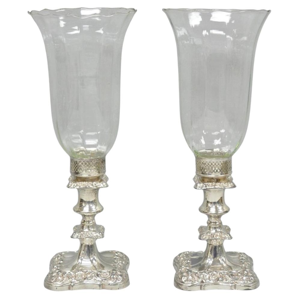 Antique Victorian Silver Plated Glass Hurricane Lamp Shade Candlestick - Pair