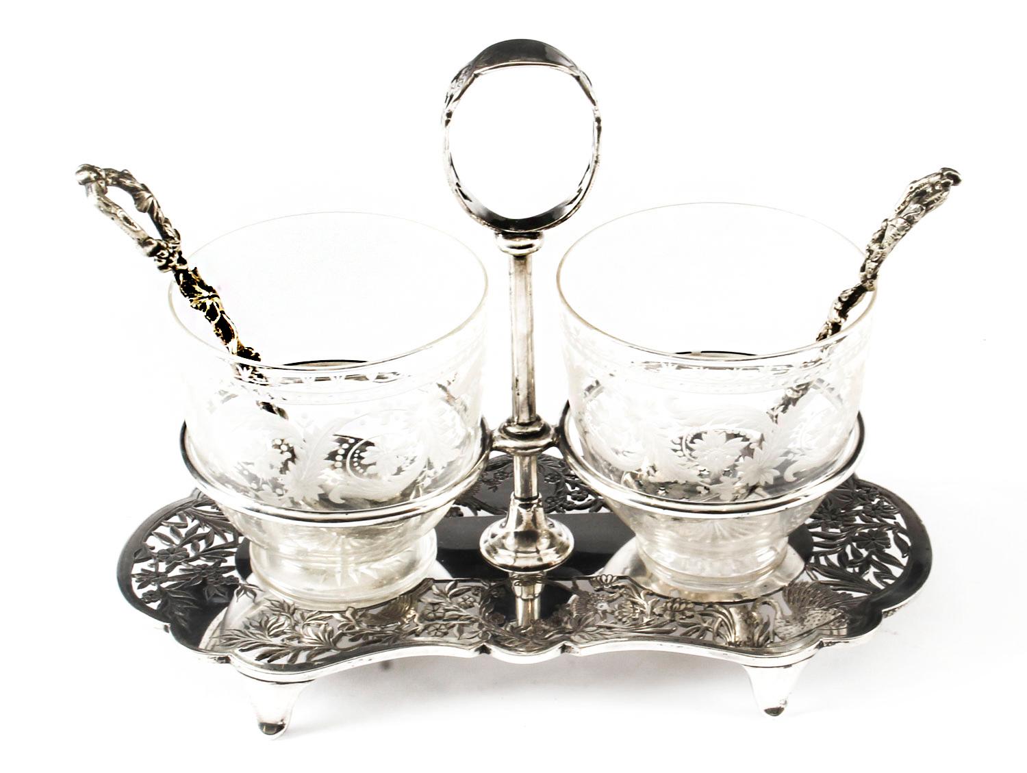 Antique Victorian Silver Plated Glass Strawberry and Cream Set, 19th Century 8