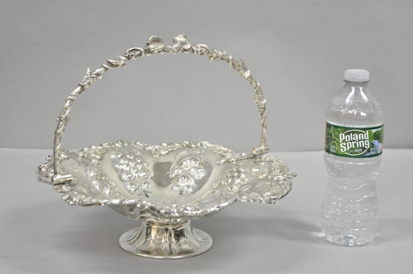 Antique Victorian Silver Plated Grapevine Repousse Dessert Basket Fruit Bowl For Sale 5