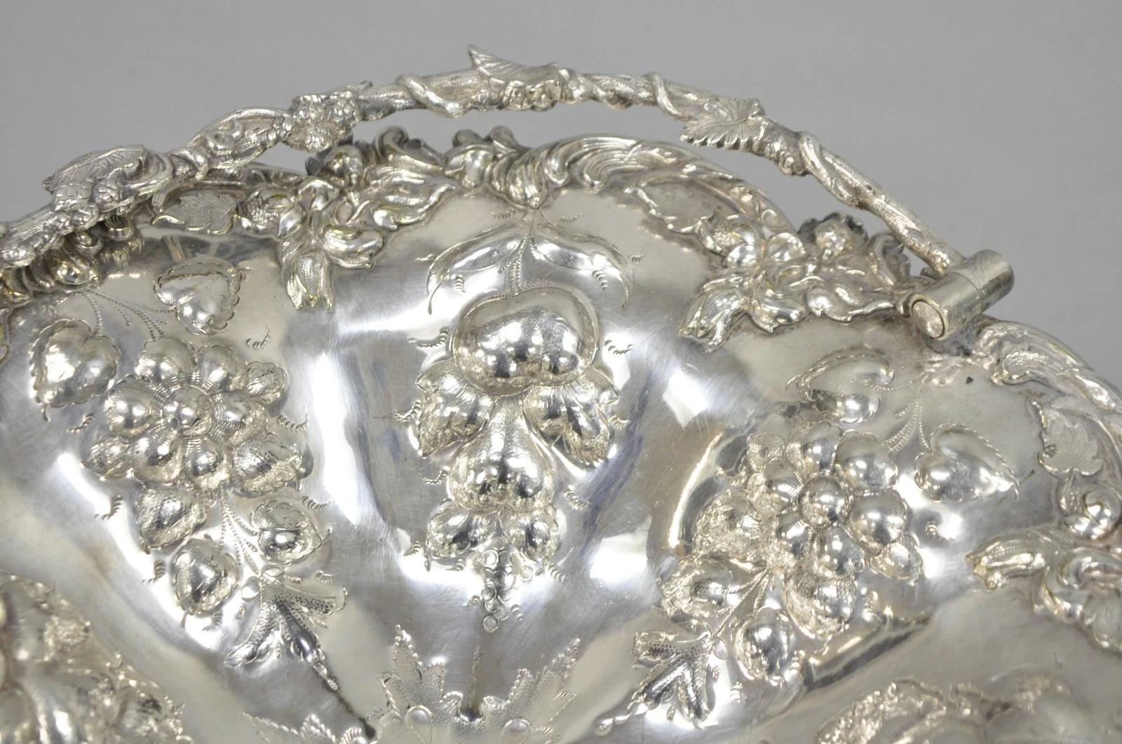 Antique Victorian Silver Plated Grapevine Repousse Dessert Basket Fruit Bowl In Good Condition For Sale In Philadelphia, PA