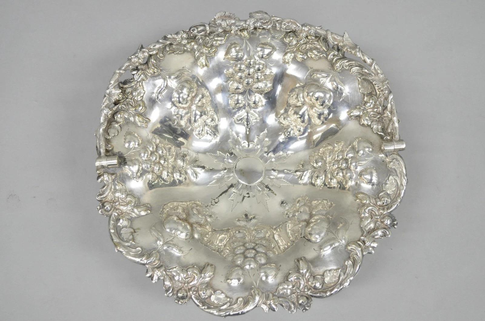 20th Century Antique Victorian Silver Plated Grapevine Repousse Dessert Basket Fruit Bowl For Sale