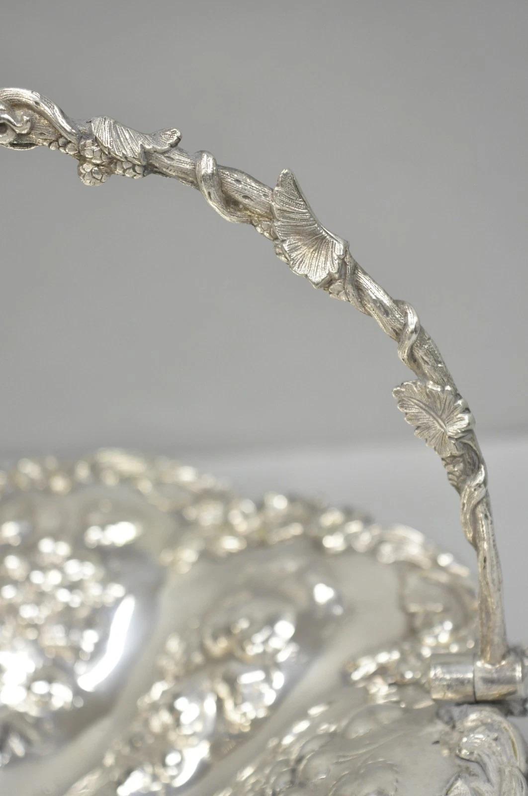 Antique Victorian Silver Plated Grapevine Repousse Dessert Basket Fruit Bowl For Sale 2
