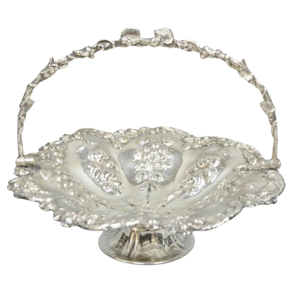 Antique Victorian Silver Plated Grapevine Repousse Dessert Basket Fruit Bowl For Sale