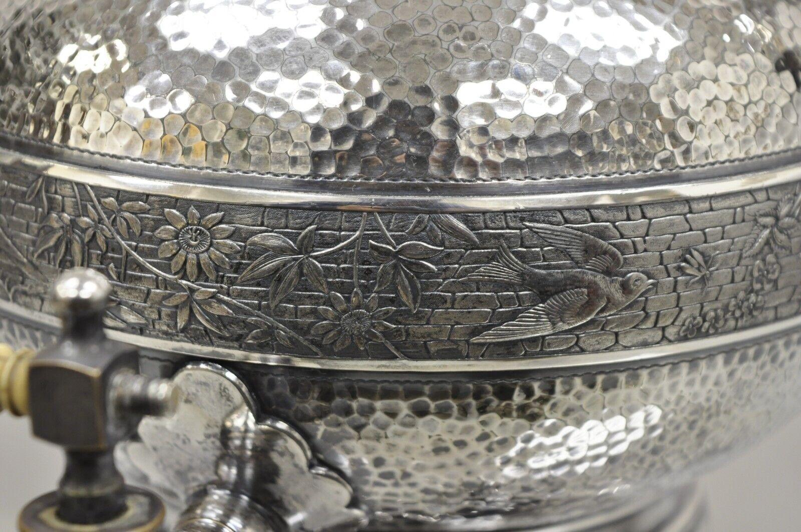 Antique Victorian Silver Plated Hand Hammered Samovar Coffee Pot Warmer In Good Condition For Sale In Philadelphia, PA