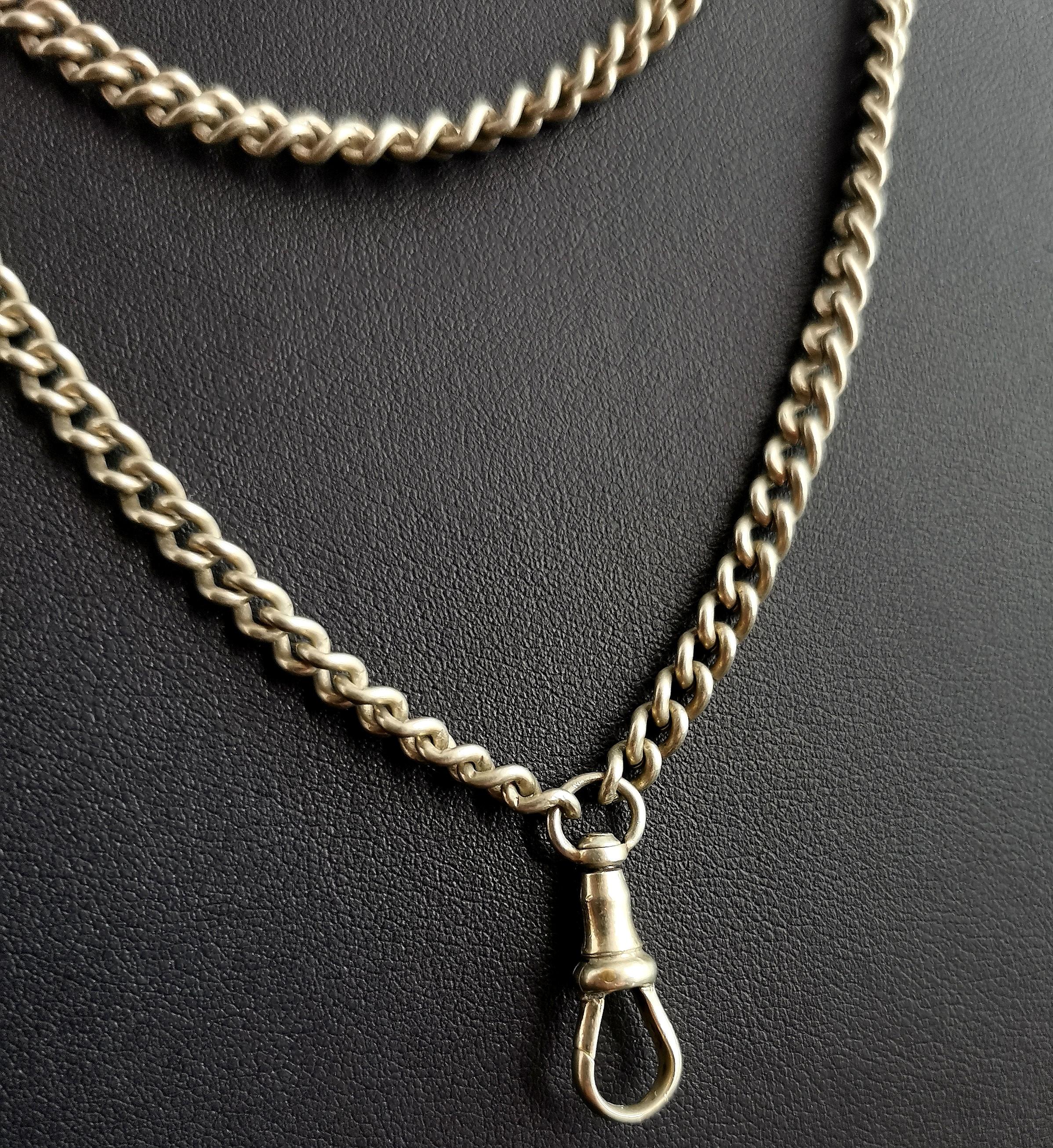 Antique Victorian Silver Plated Longuard Chain Necklace, Muff Chain 3