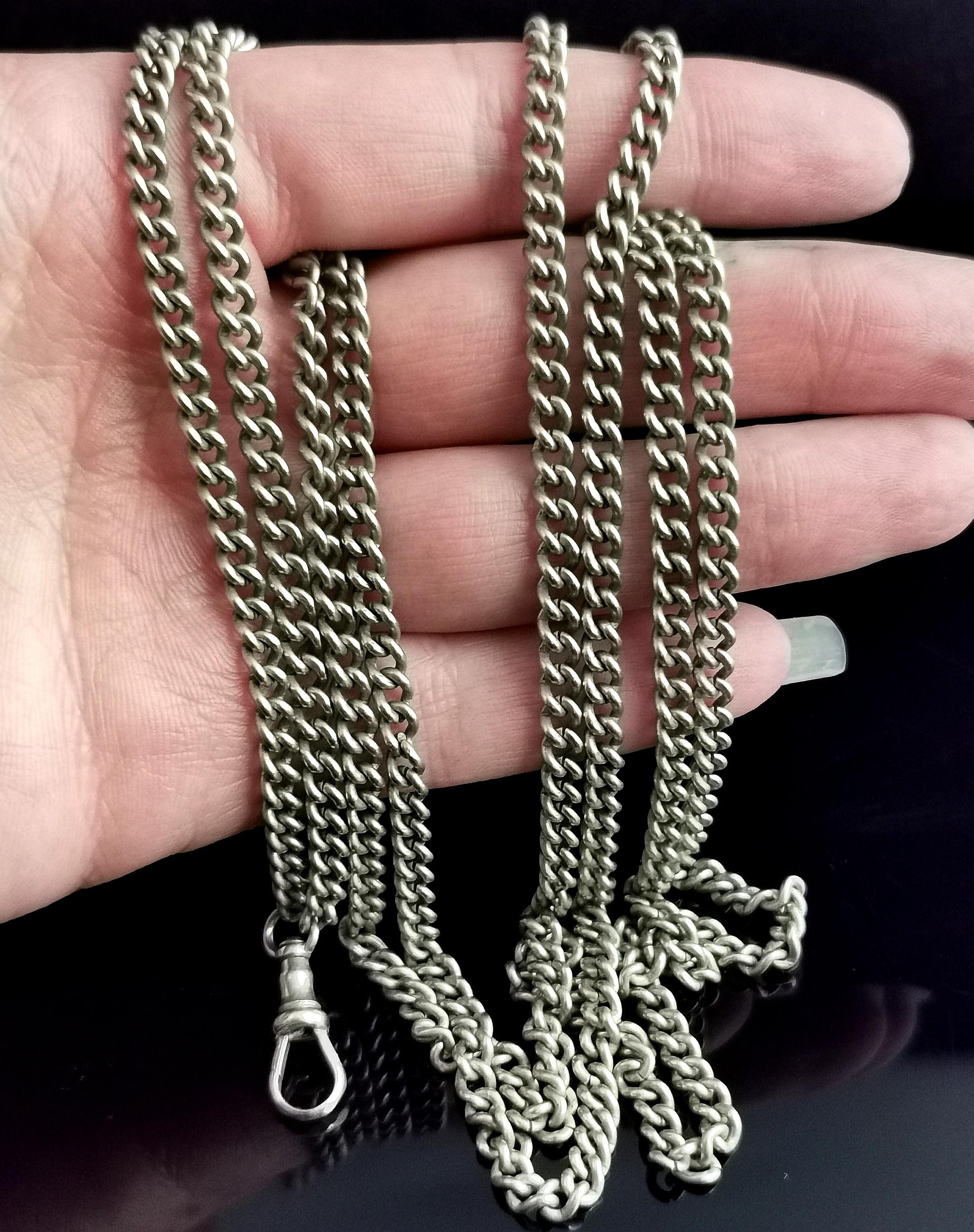 Antique Victorian Silver Plated Longuard Chain Necklace, Muff Chain 2