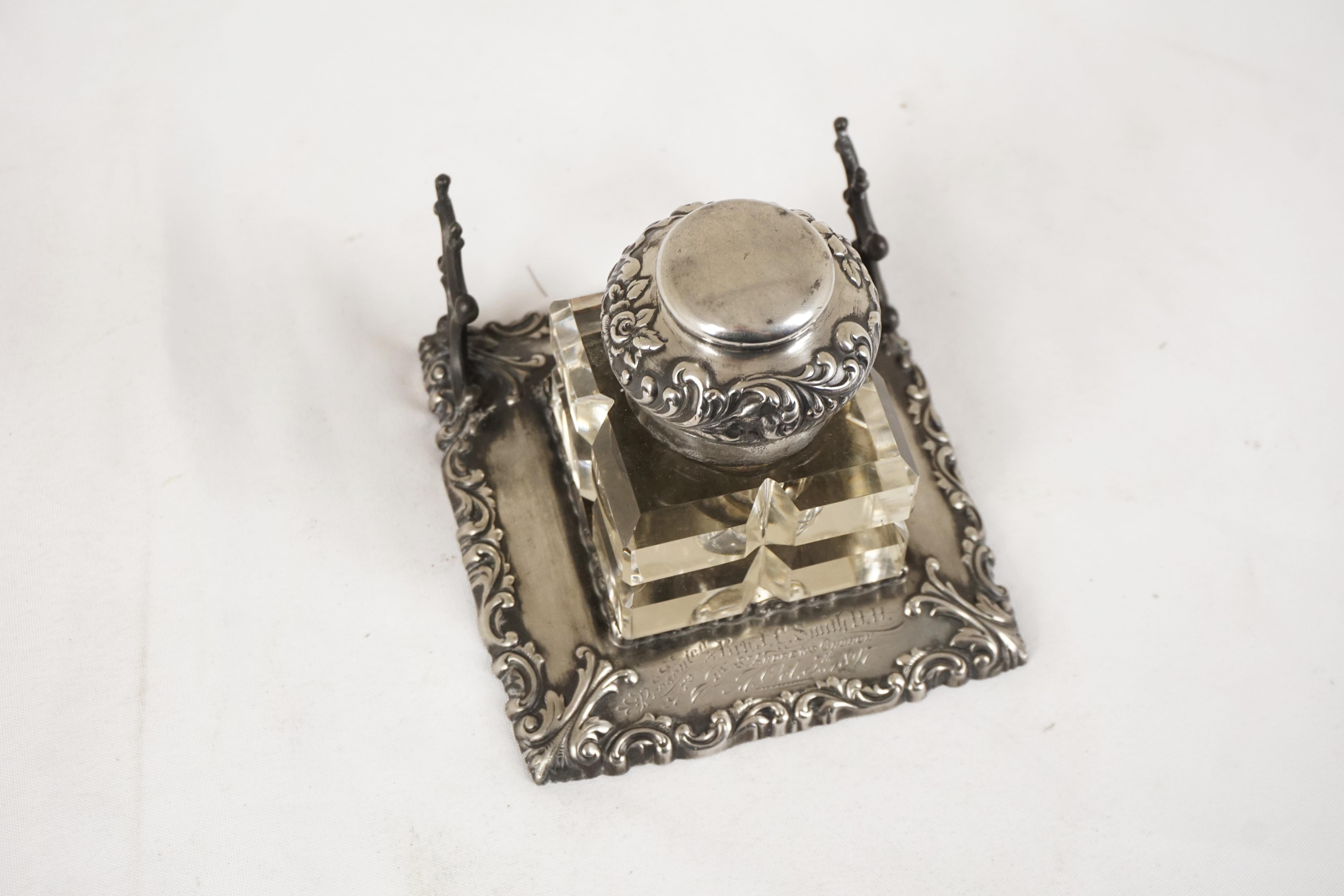 Scottish Antique Victorian Silver Plated Monogramed Inkwell, Scotland 1897, H552 For Sale