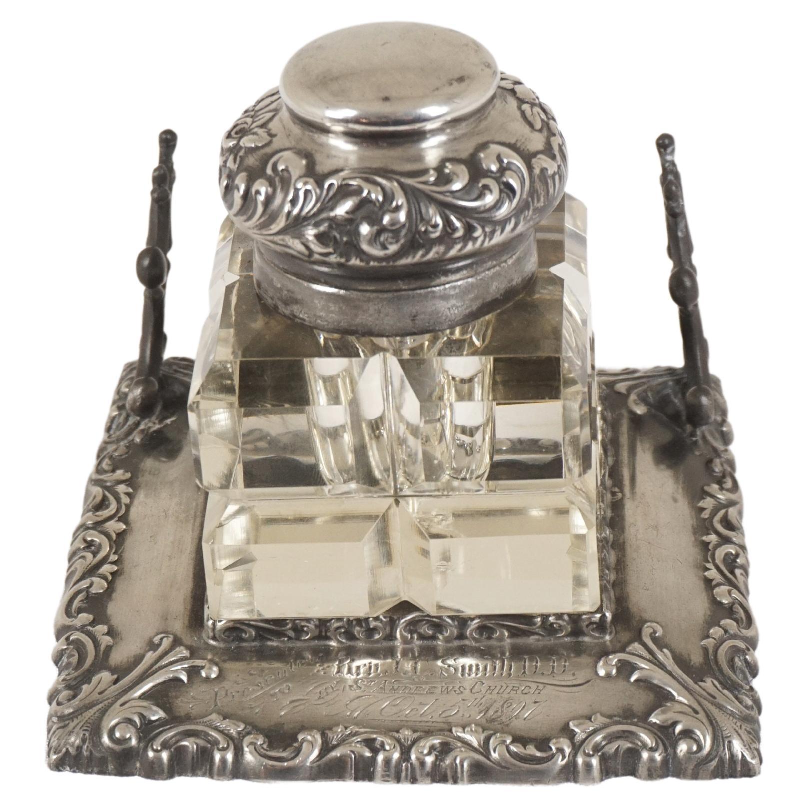 Antique Victorian Silver Plated Monogramed Inkwell, Scotland 1897, H552 For Sale