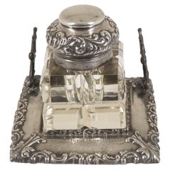 Antique Victorian Silver Plated Monogramed Inkwell, Scotland 1897, H552