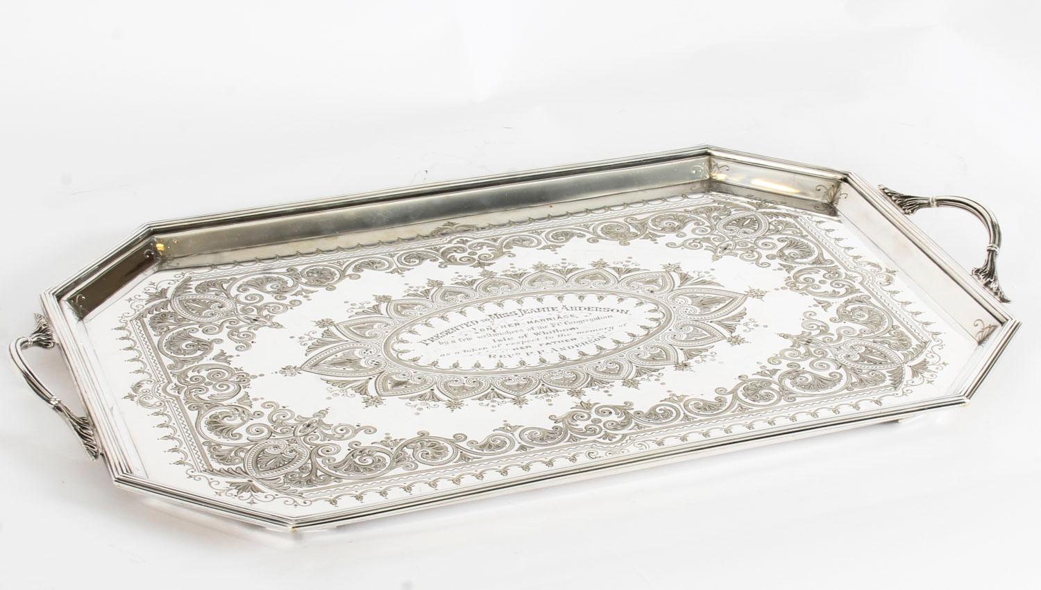 Neoclassical Antique Victorian Silver Plated Service Tray Thomas Latham, 19th Century