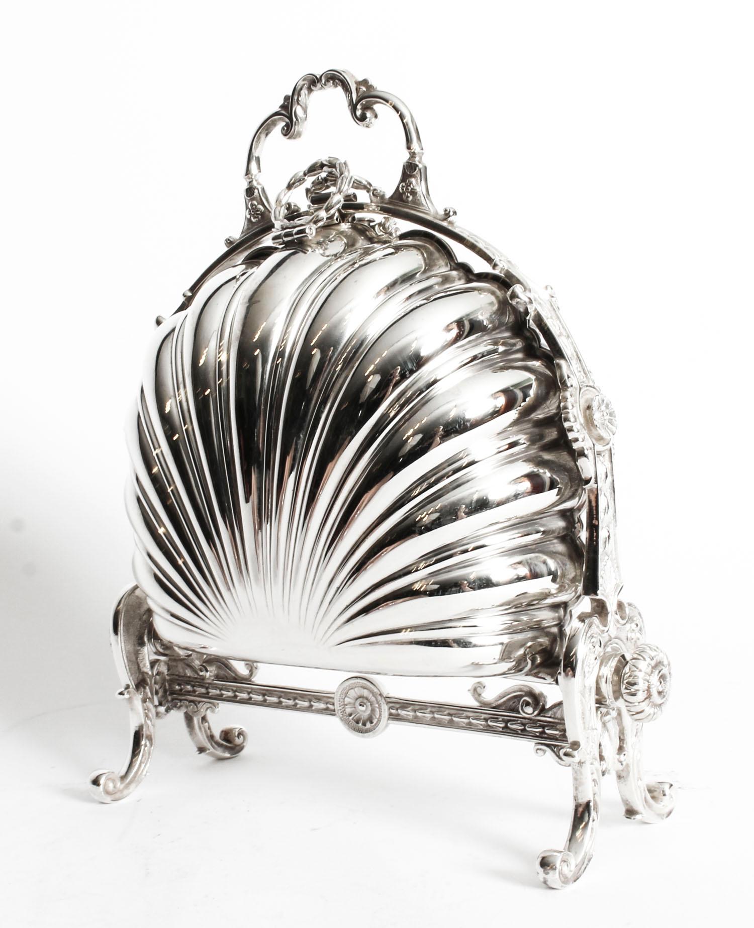 English Antique Victorian Silver Plated Shell Folding Biscuit Box, 19th Century