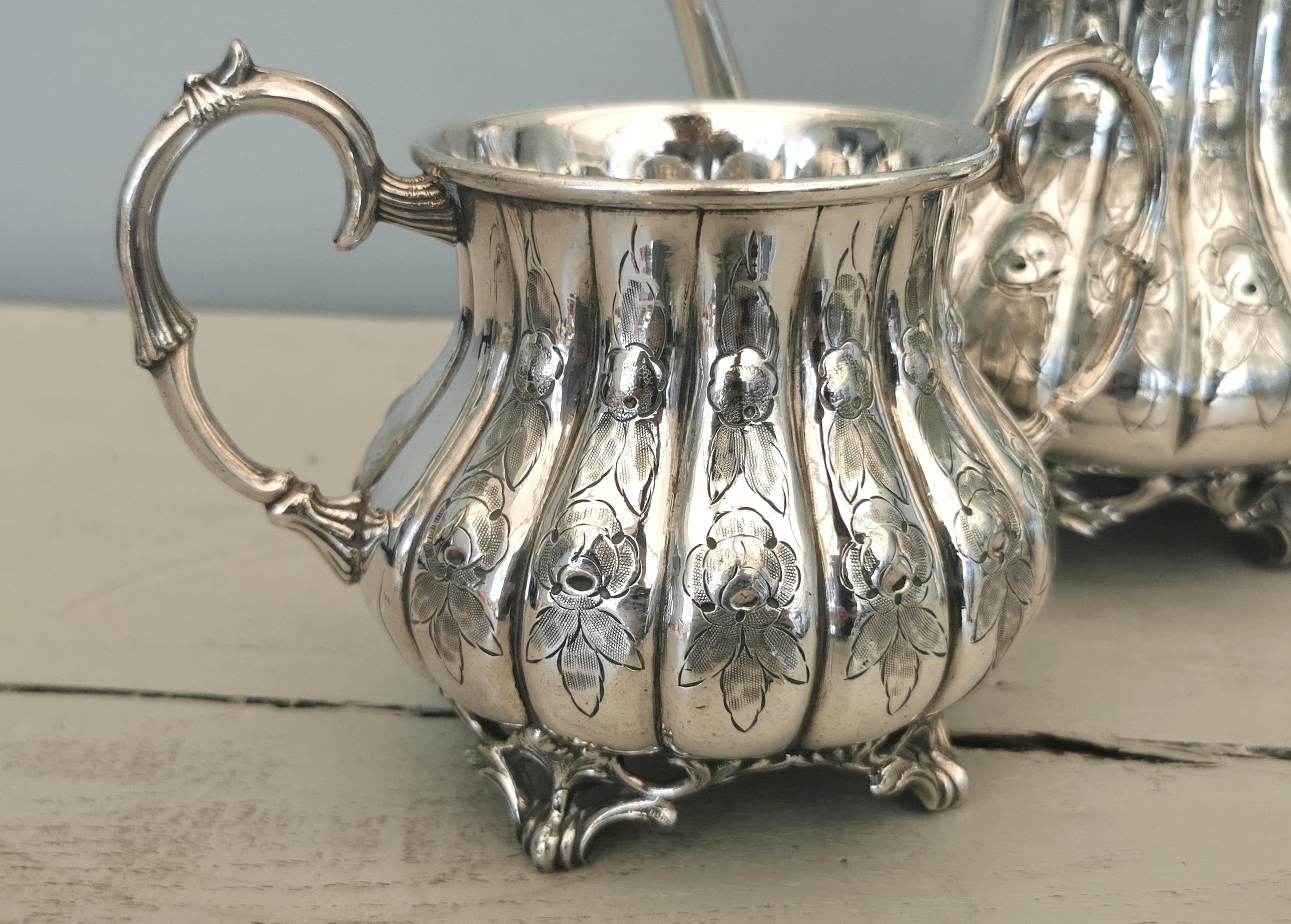 Antique Victorian silver plated tea set, Four piece, melon top  4