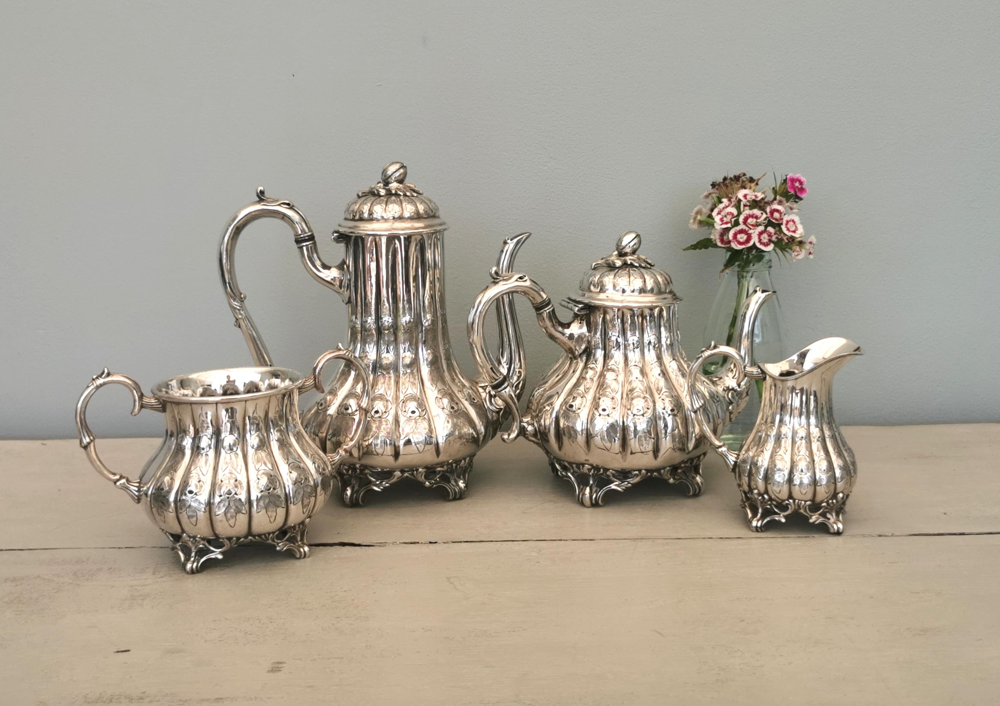 British Antique Victorian silver plated tea set, Four piece, melon top 