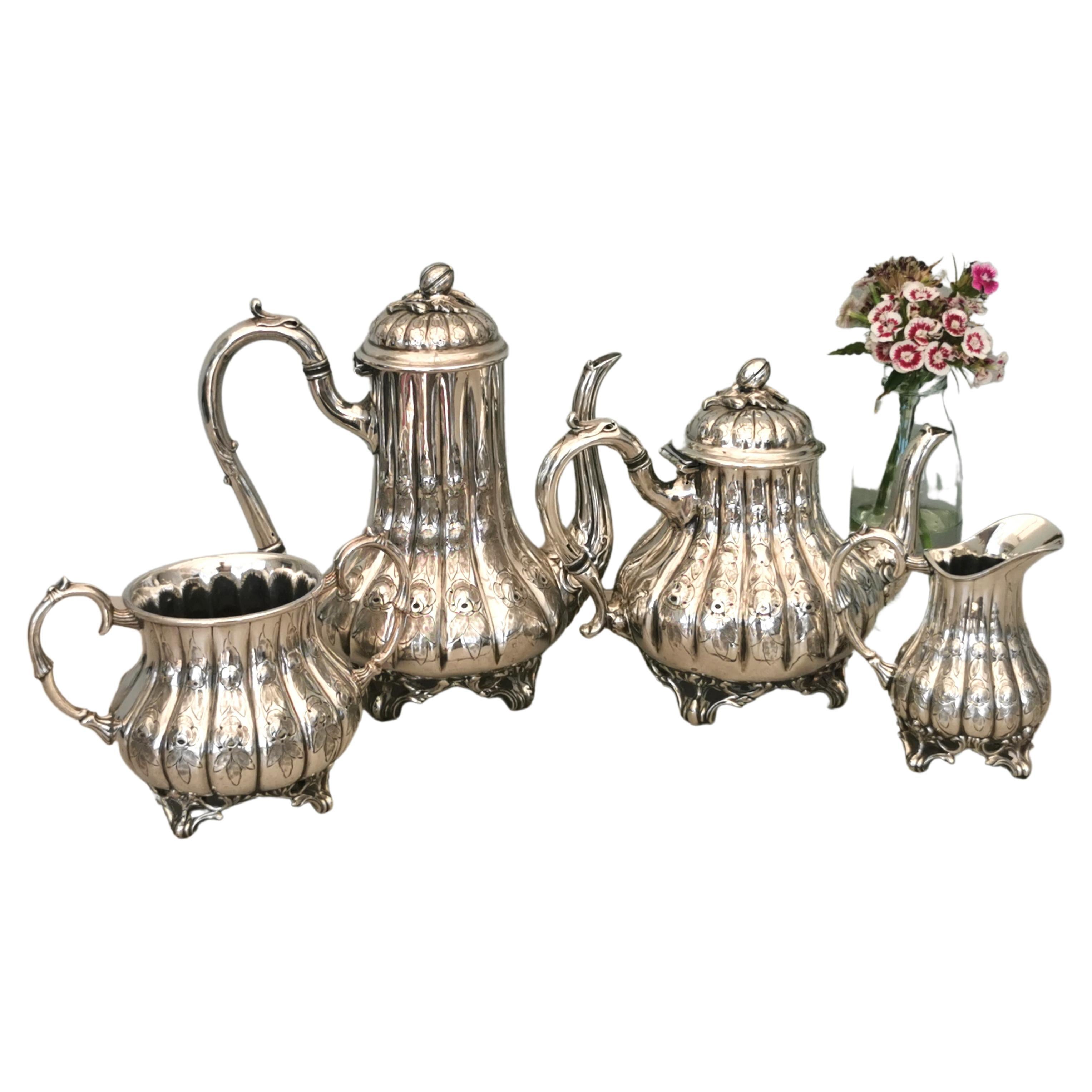 Antique Victorian silver plated tea set, Four piece, melon top 