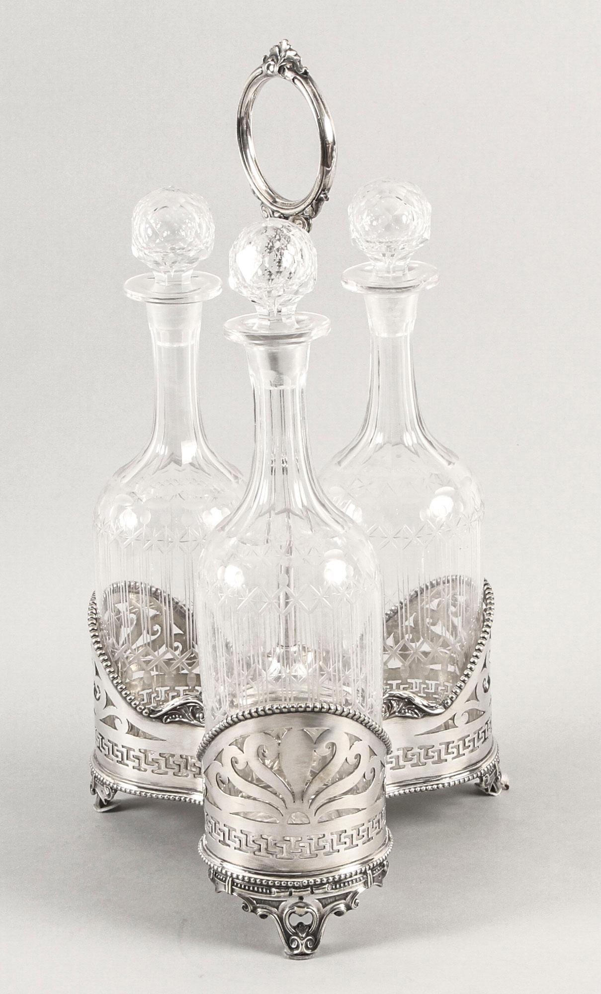 Antique Victorian Silver Plated Triple Decanter Stand Tantalus, 19th Century 9