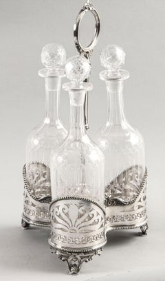 Antique Victorian Silver Plated Triple Decanter Stand Tantalus, 19th Century