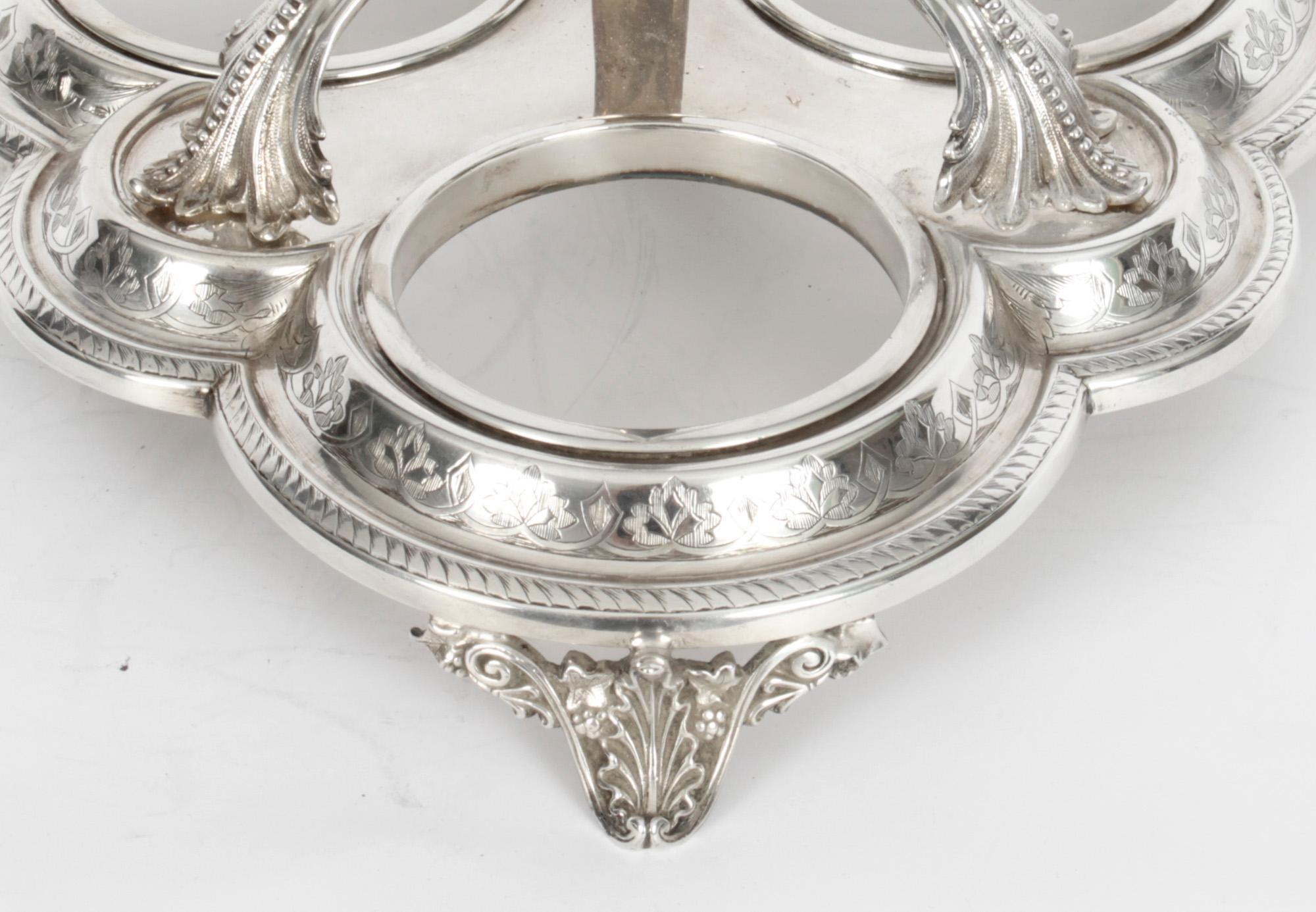 Mid-19th Century Antique Victorian Silver Plated Triple Decanter Tantalus Stand 19th C For Sale