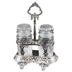 Antique Victorian Silver Plated Twin Cut Glass Bottle Pickle Set, 19th C