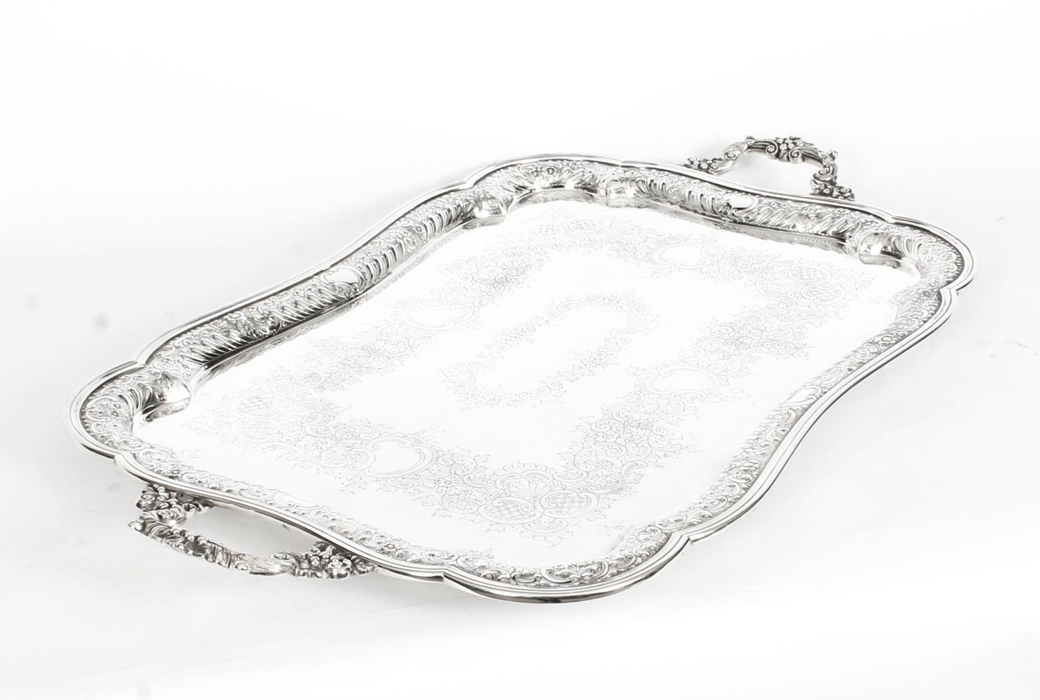 English Antique Victorian Silver Plated Twin Handled Tray, 1880, 19th Century