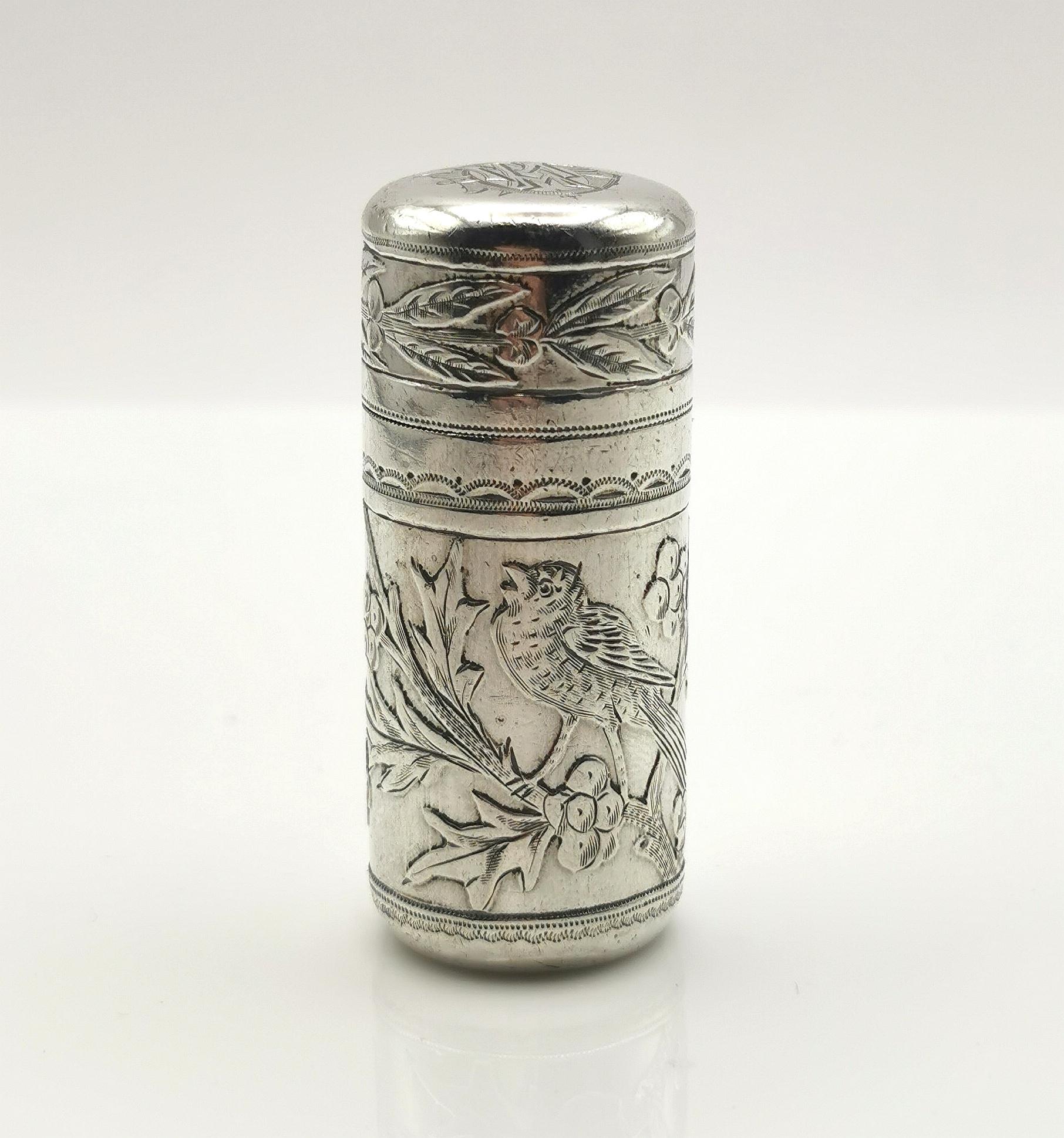 Aesthetic Movement Antique Victorian silver scent bottle, Sampson and Mordan, Birds and Holly  For Sale