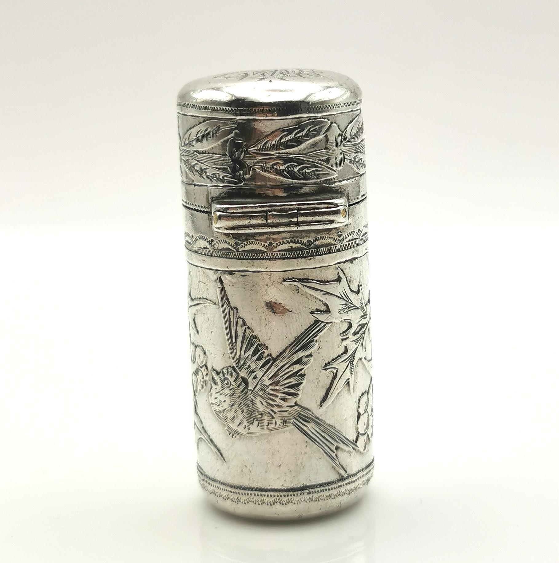 British Antique Victorian silver scent bottle, Sampson and Mordan, Birds and Holly  For Sale