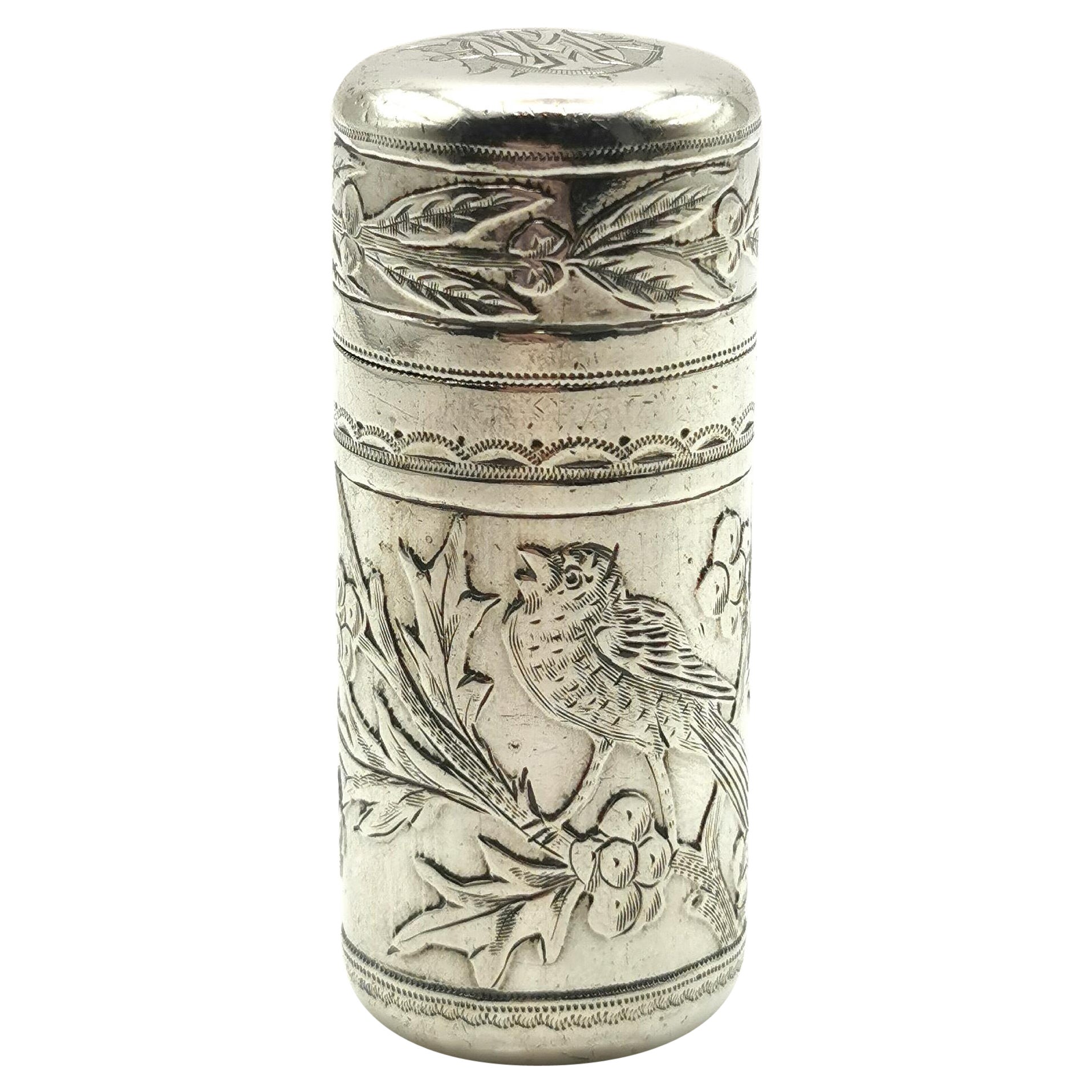 Antike viktorianische Silberflasche mit Duft, Sampson und Mordan, Vögel und Holly im Angebot