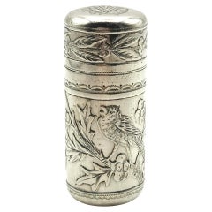 Antiguo frasco de perfume victoriano de plata, Sampson y Mordan, Pájaros y acebo