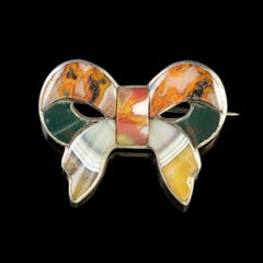 Antique Victorian Silver Scottish Agate Bow Brooch, circa 1860