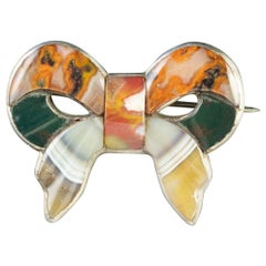 Antique Victorian Silver Scottish Agate Bow Brooch, circa 1860