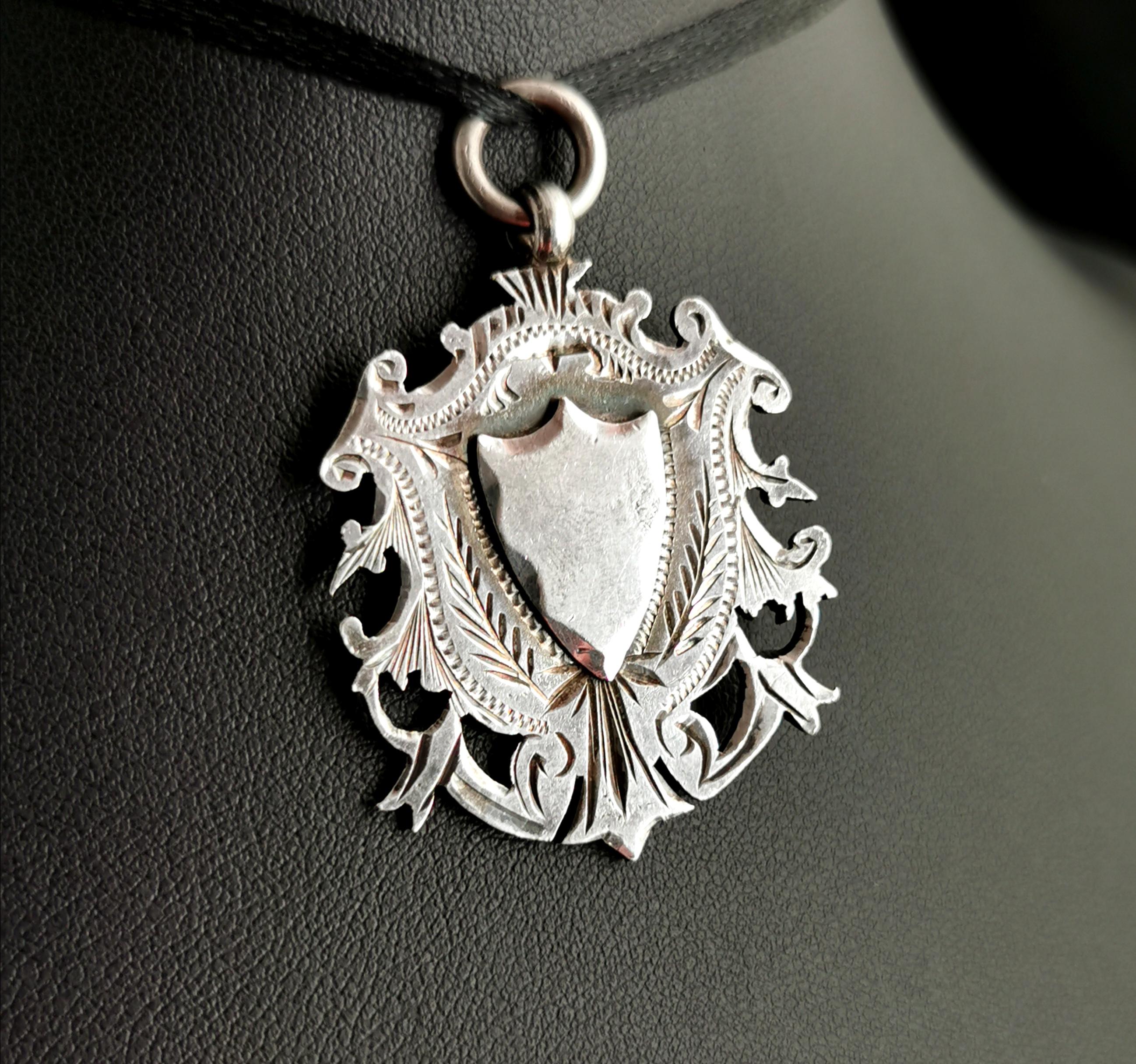 Women's or Men's Antique Victorian Silver Shield Fob Pendant, Watch Fob 