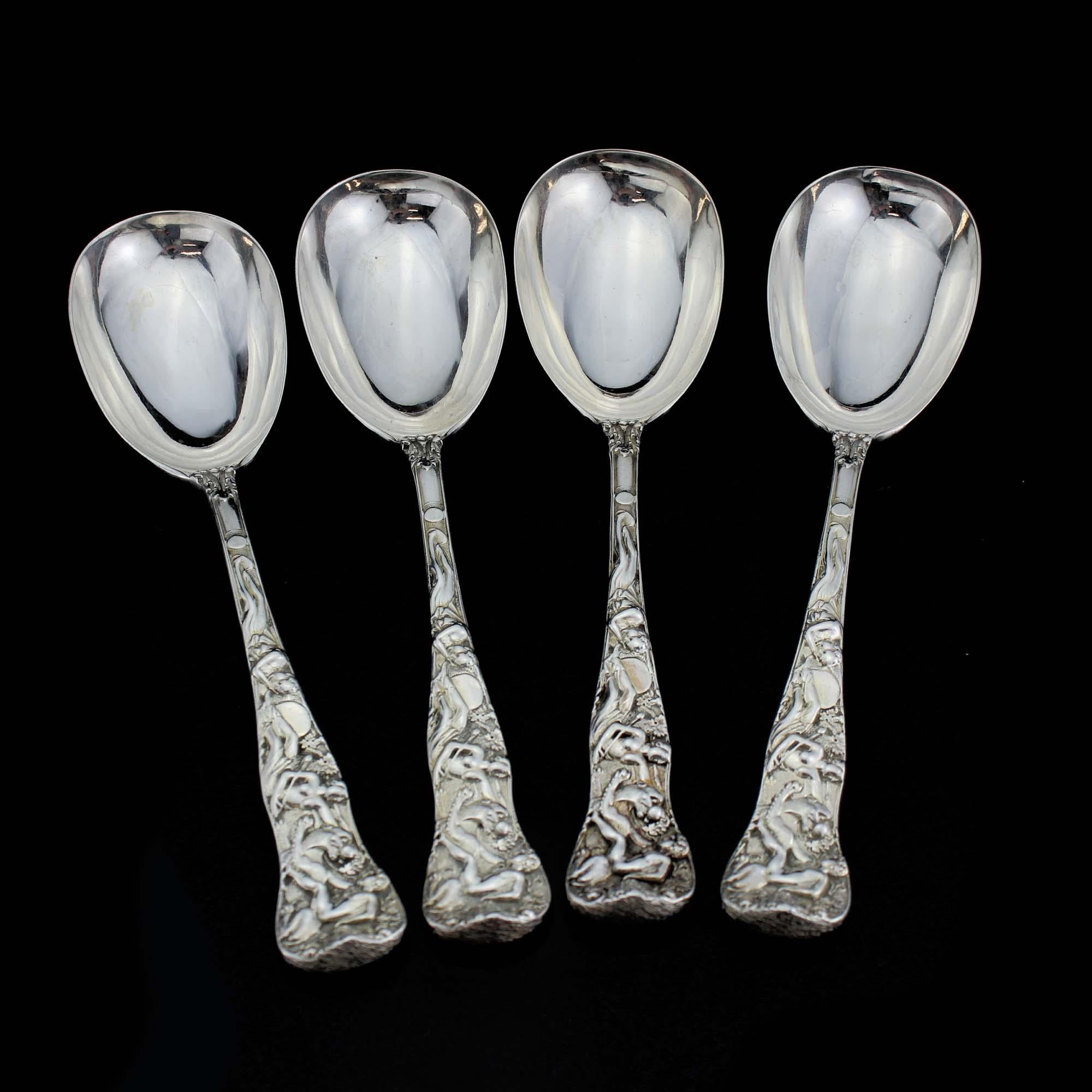 Antique Victorian 4 piece set of silver spoons with various Cellini style engravings.
Made in London, 1857
Maker: H J Lias & Son
Fully hallmarked.

Dimensions - 
Size: 18.1 x 4.2 x 3 cm
Weight: 256 grams

Condition: Item has some minor wear