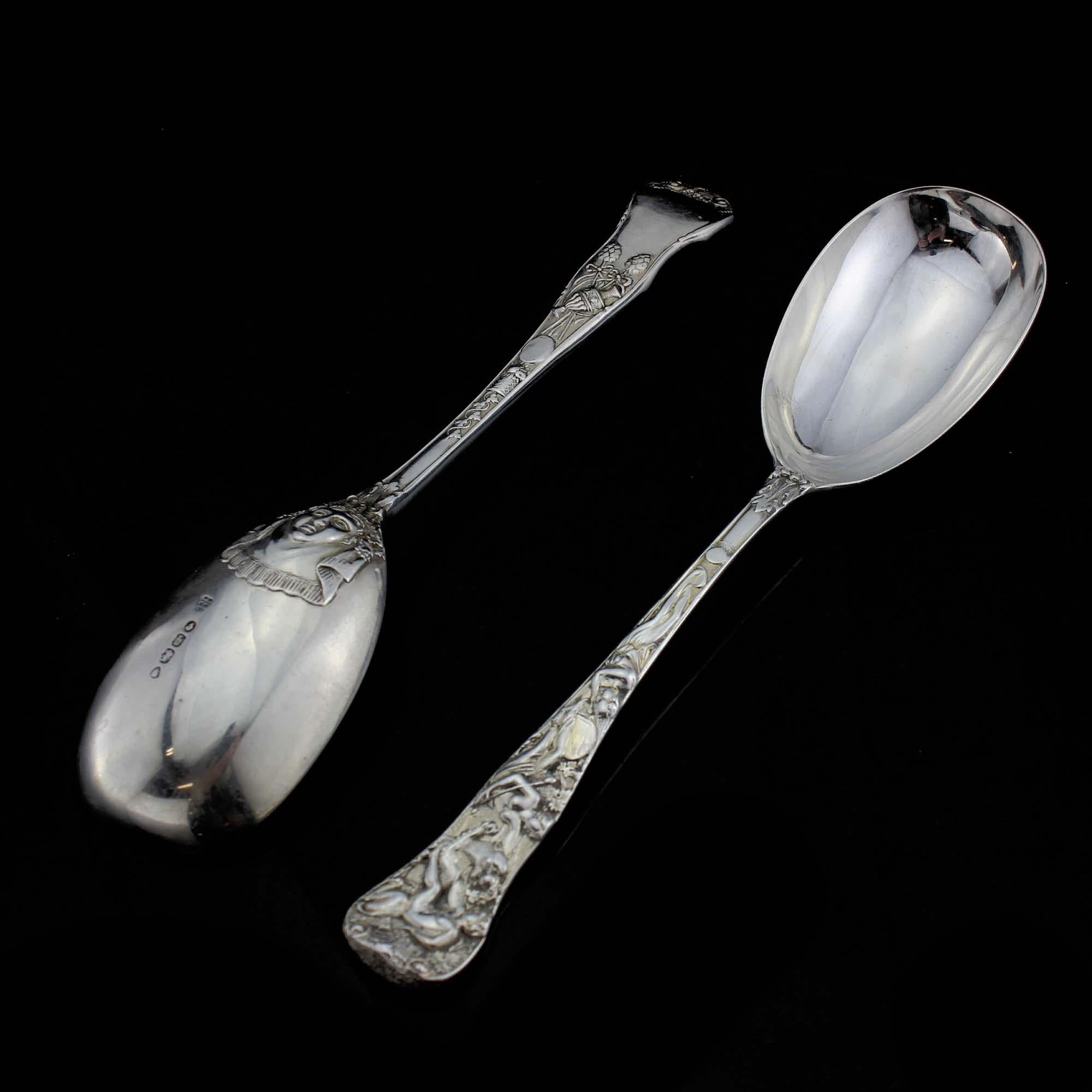 British Antique Victorian Silver Spoons with Various Cellini Style Engravings