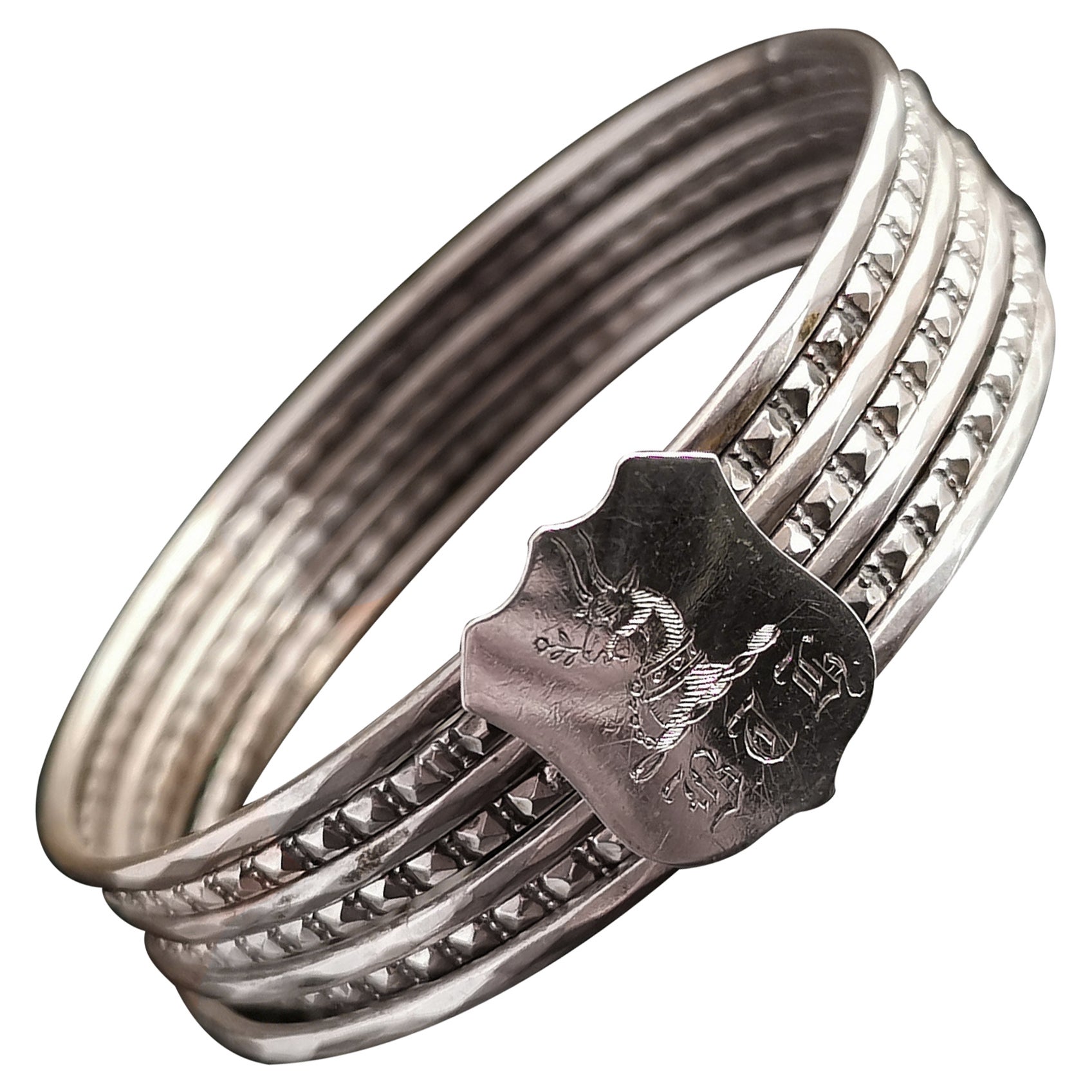 Antique Victorian Silver Stacking Bangles, Shield Slider, Heraldic Deer For Sale