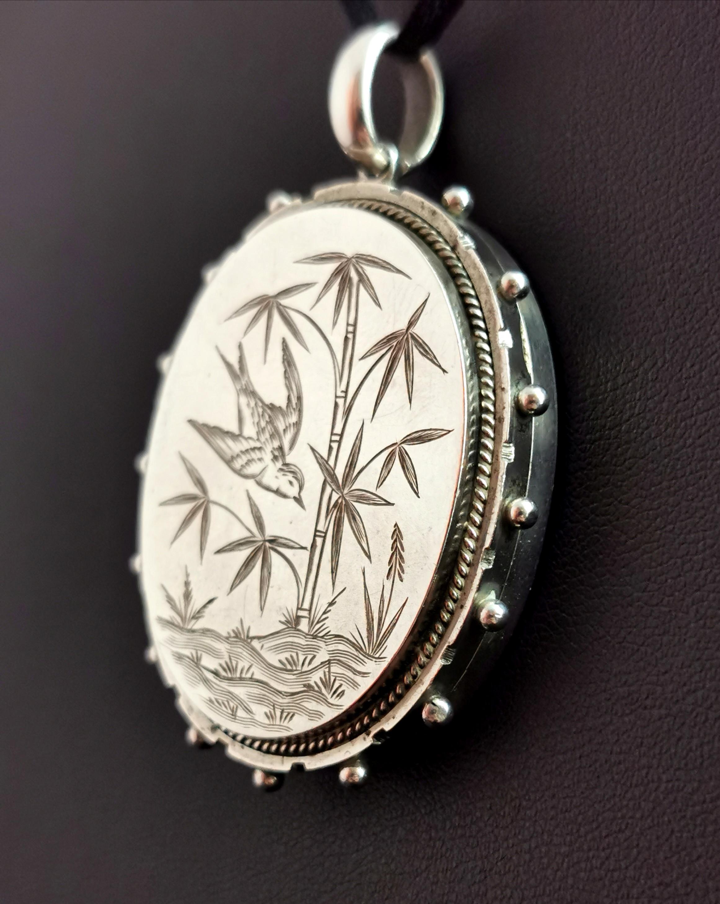 Aesthetic Movement Antique Victorian Silver Swallow Locket, Aesthetic Era, Large