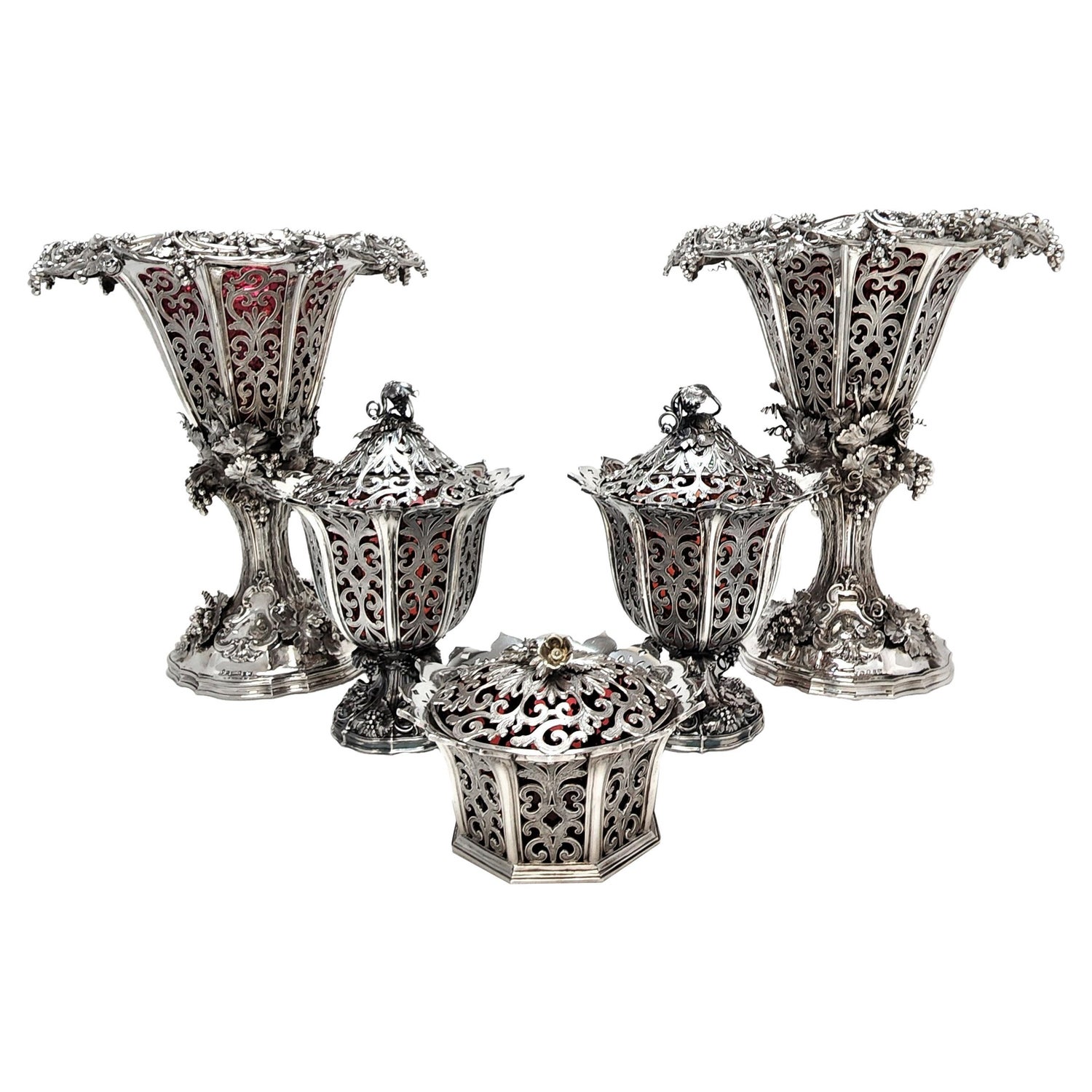 Antique Victorian Silver Table Garniture Centrepiece Vases Condiment 1843 - 46