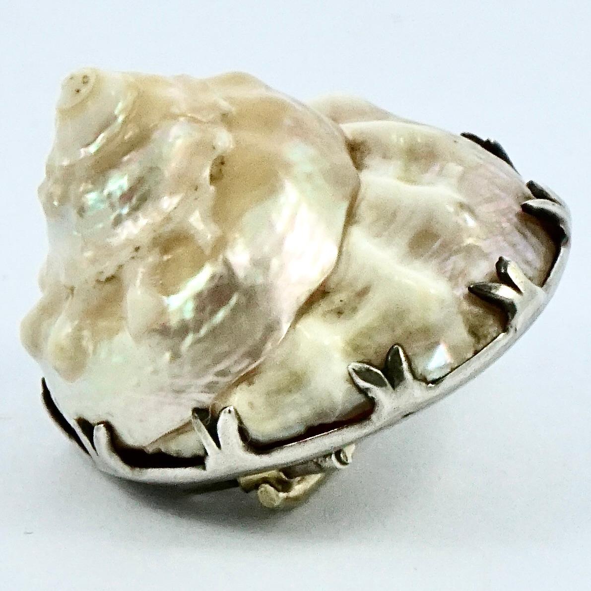 Women's or Men's Antique Victorian Silver Iridescent Seashell Brooch For Sale