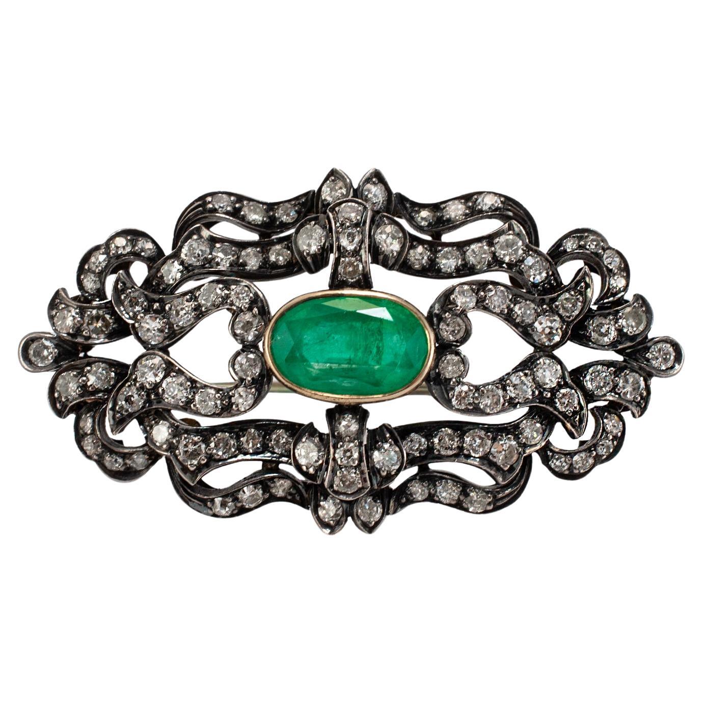 Antico argento vittoriano Top in oro giallo 18 carati F1 GIA smeraldo russo diamante PIN