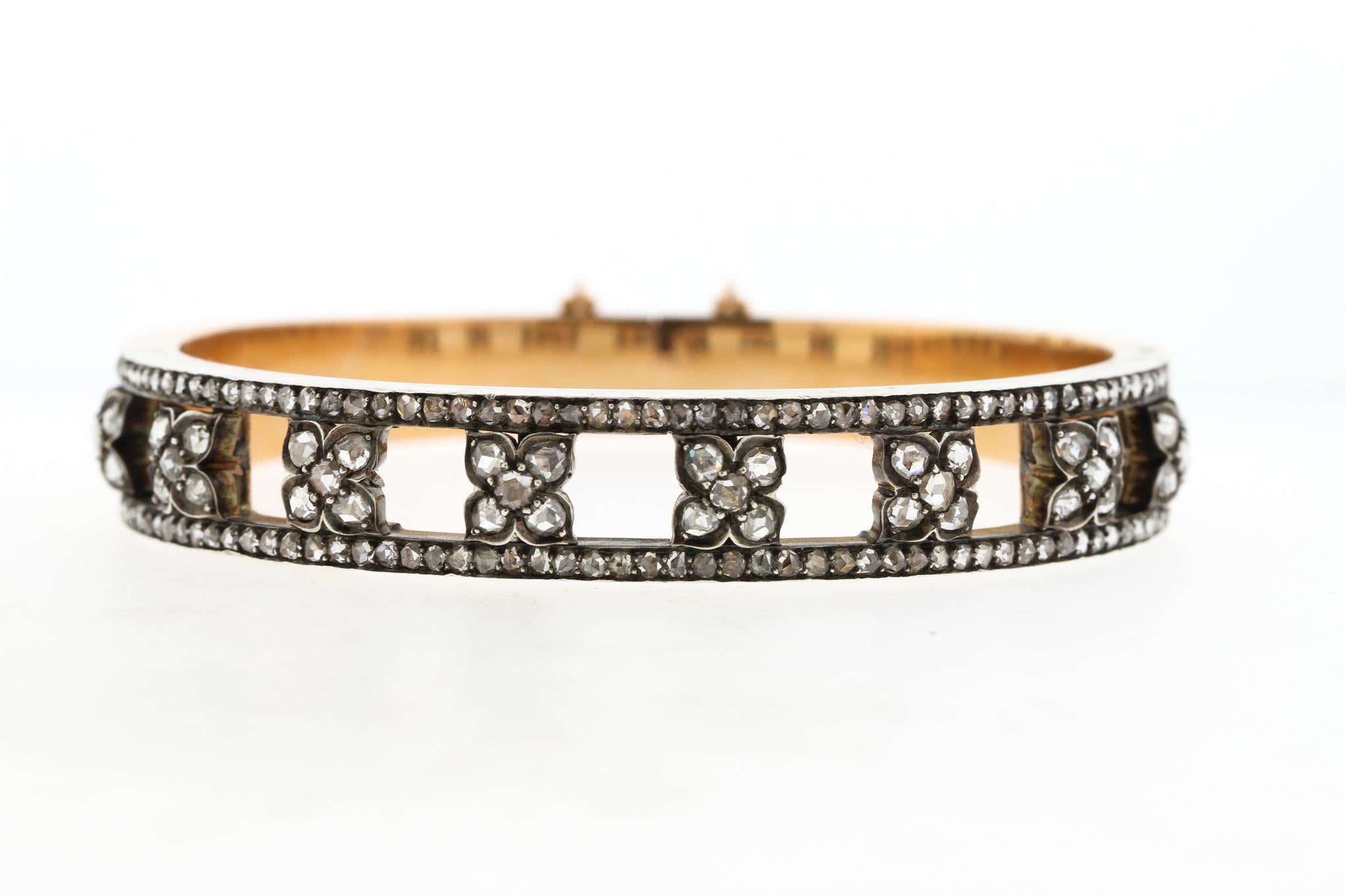 Antique Victorian Silver Topped Gold Fontana Rosecut Diamond Bangle Bracelet 1