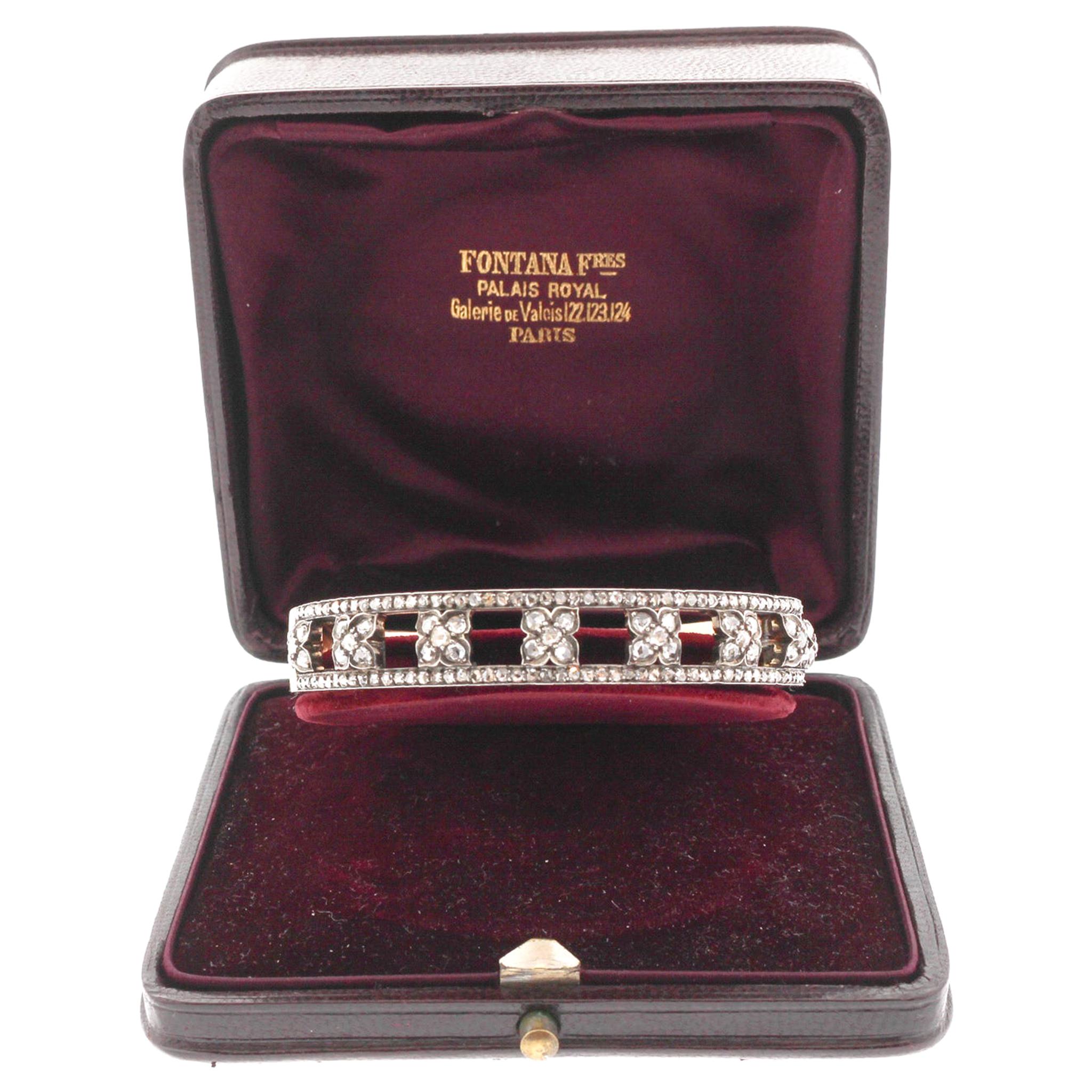 Antique Victorian Silver Topped Gold Fontana Rosecut Diamond Bangle Bracelet