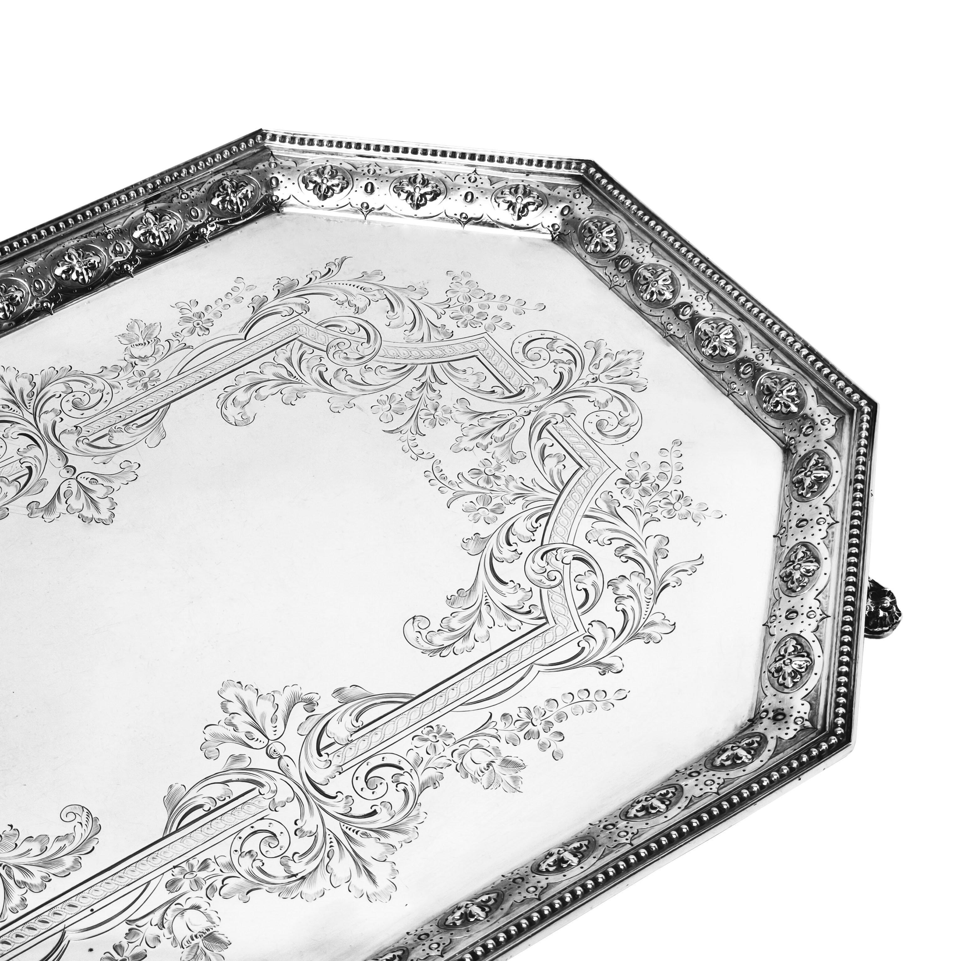English Antique Victorian Silver Tray Sheffield, England 1883 For Sale