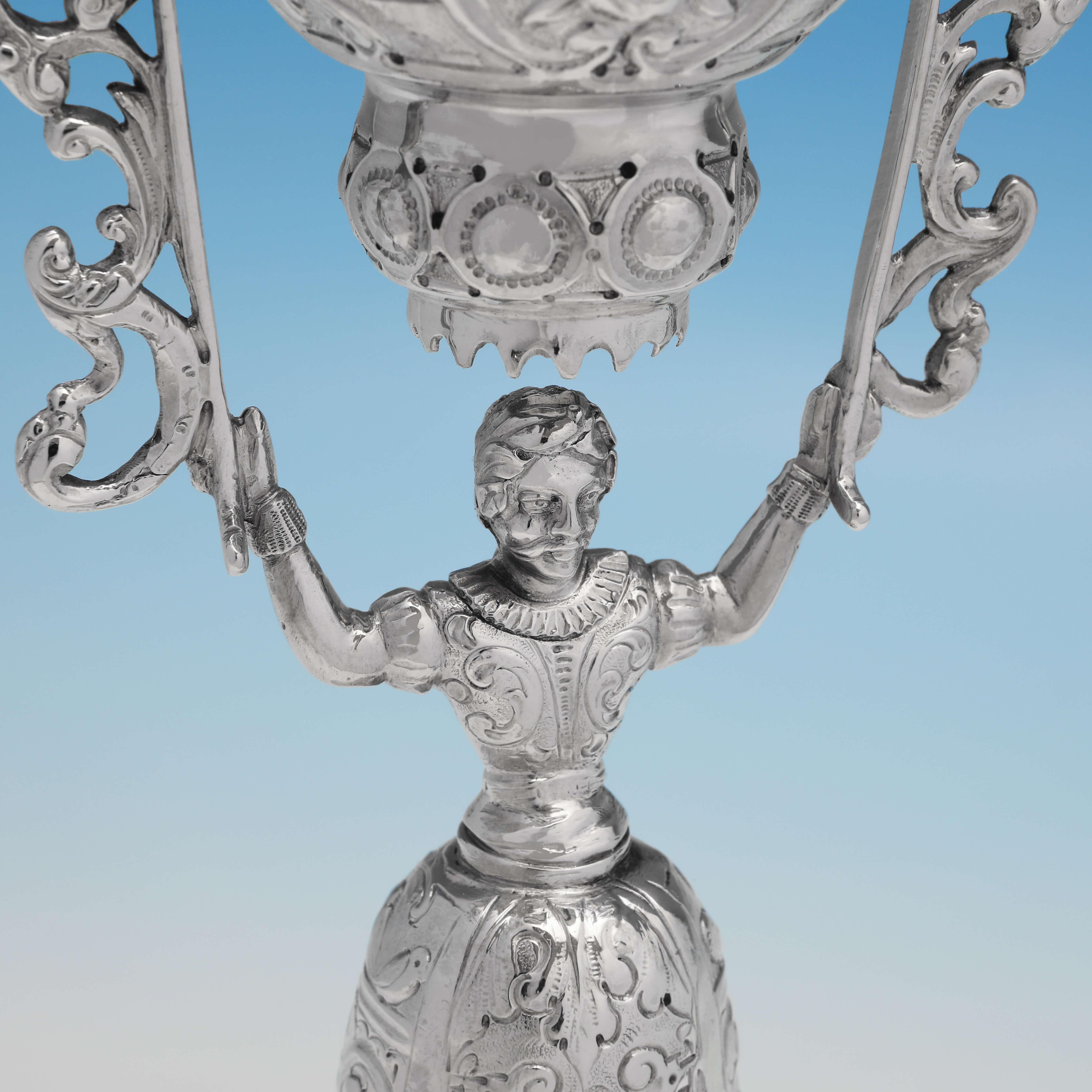 Baroque Revival Antique Victorian Silver Wager Cups Modelled as a Lady & Gentleman in Costume For Sale