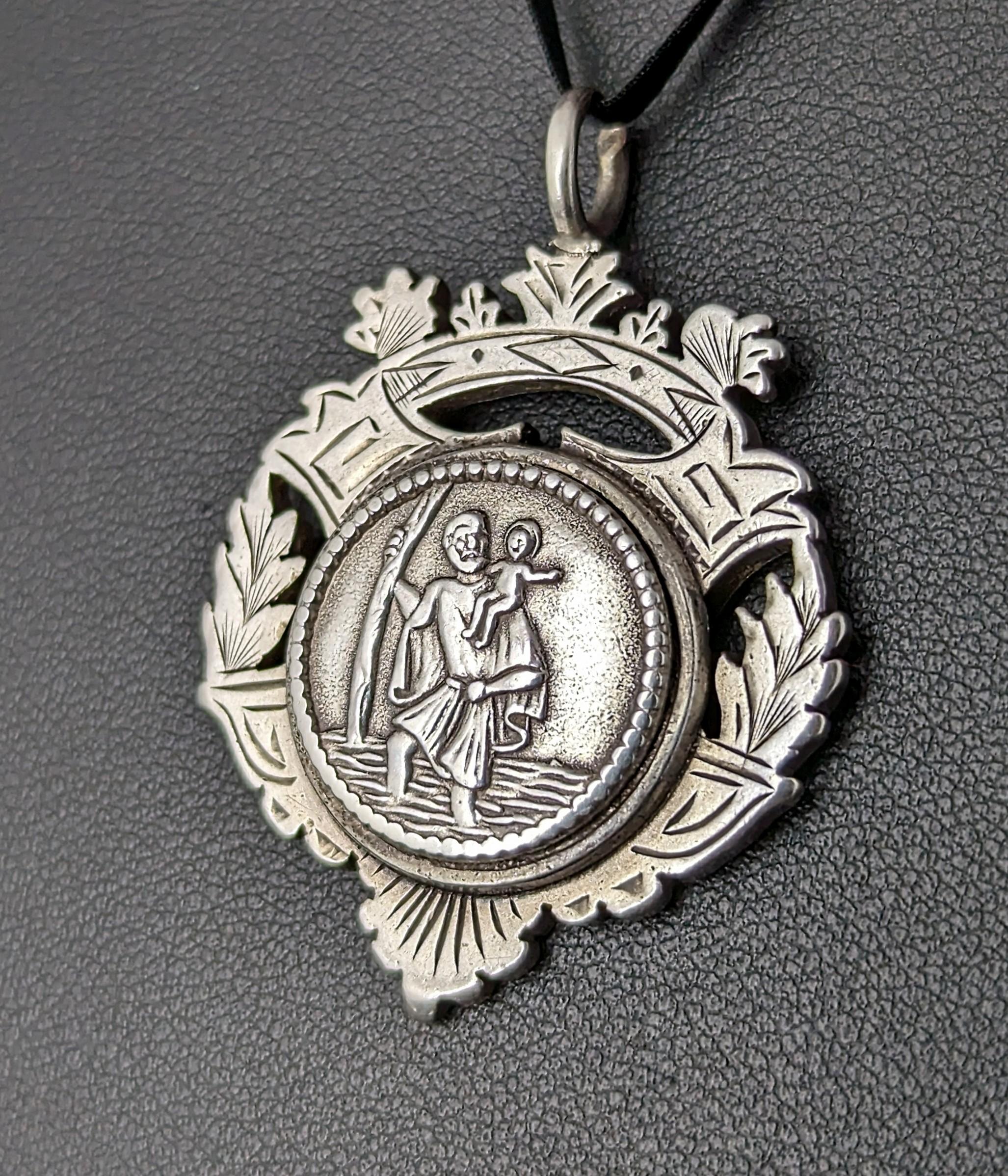 Women's or Men's Antique Victorian silver watch fob pendant, St Christopher 