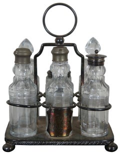 Antique Victorian Silver Plated Glass Cruet Condiment Set Monogrammed Caddy