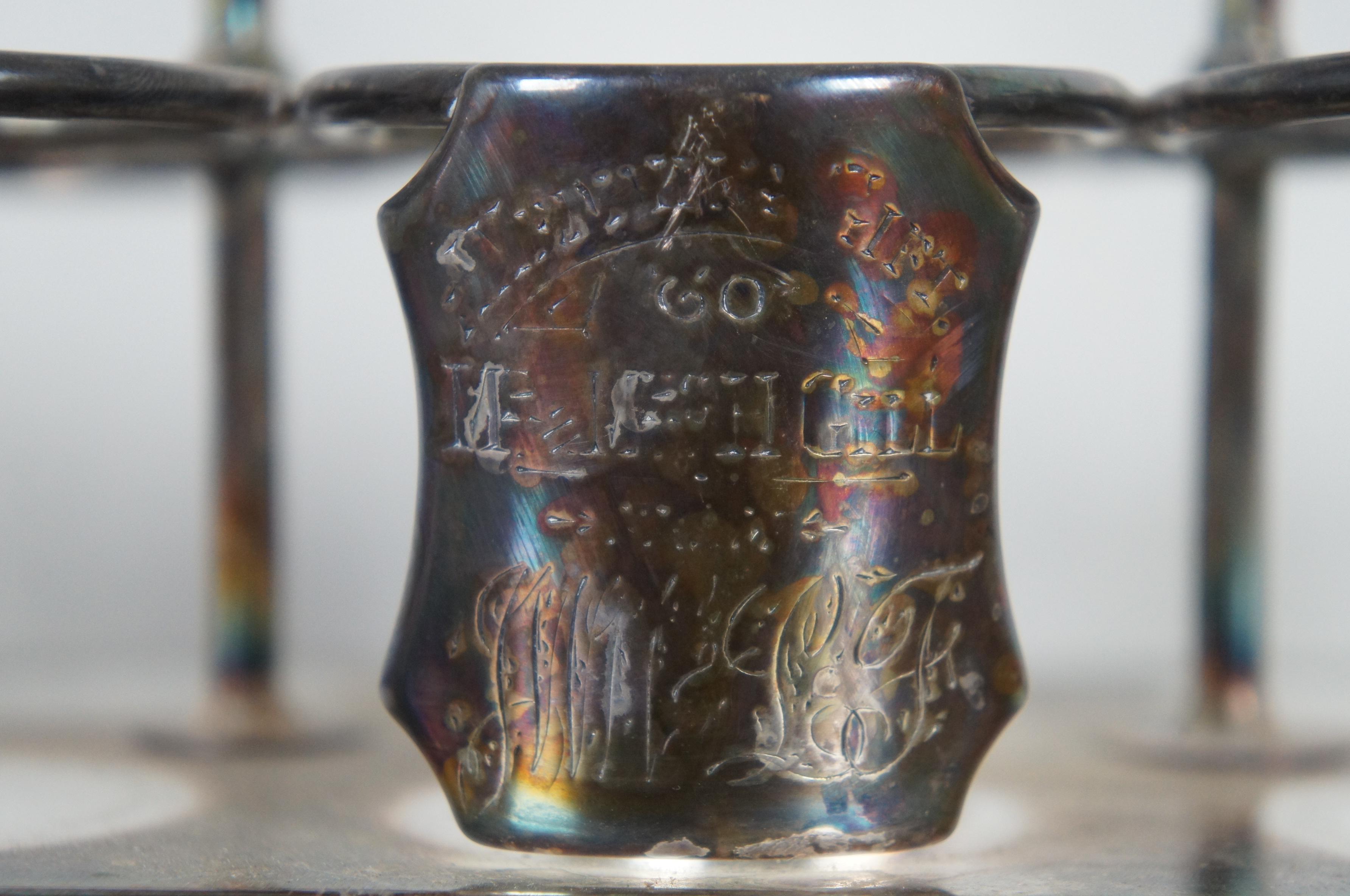 Antique Victorian Silver Plated Glass Cruet Condiment Set Monogrammed Caddy 2