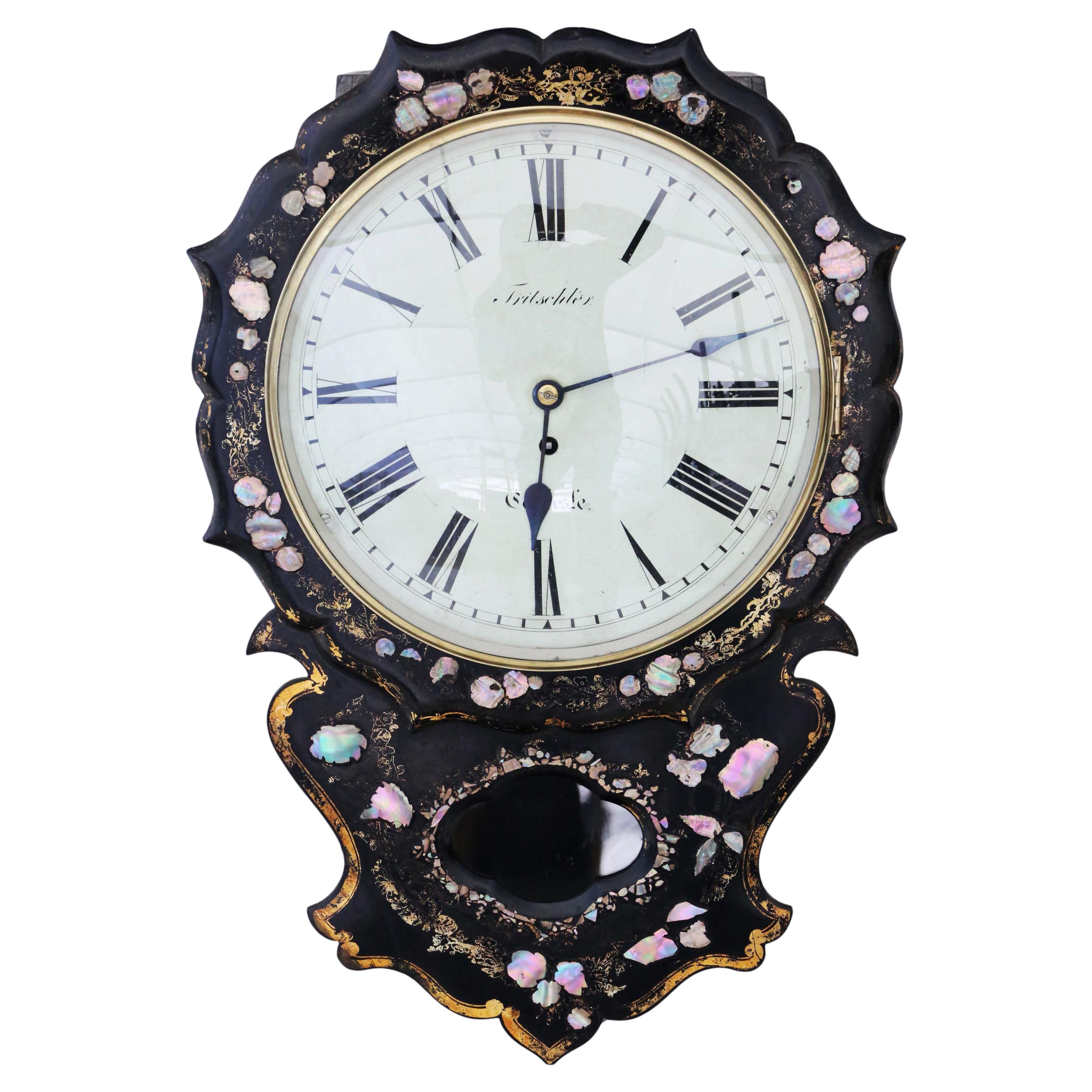 Antique Victorian Single Fusee Wall Clock with Mother of Pearl Inlay For Sale