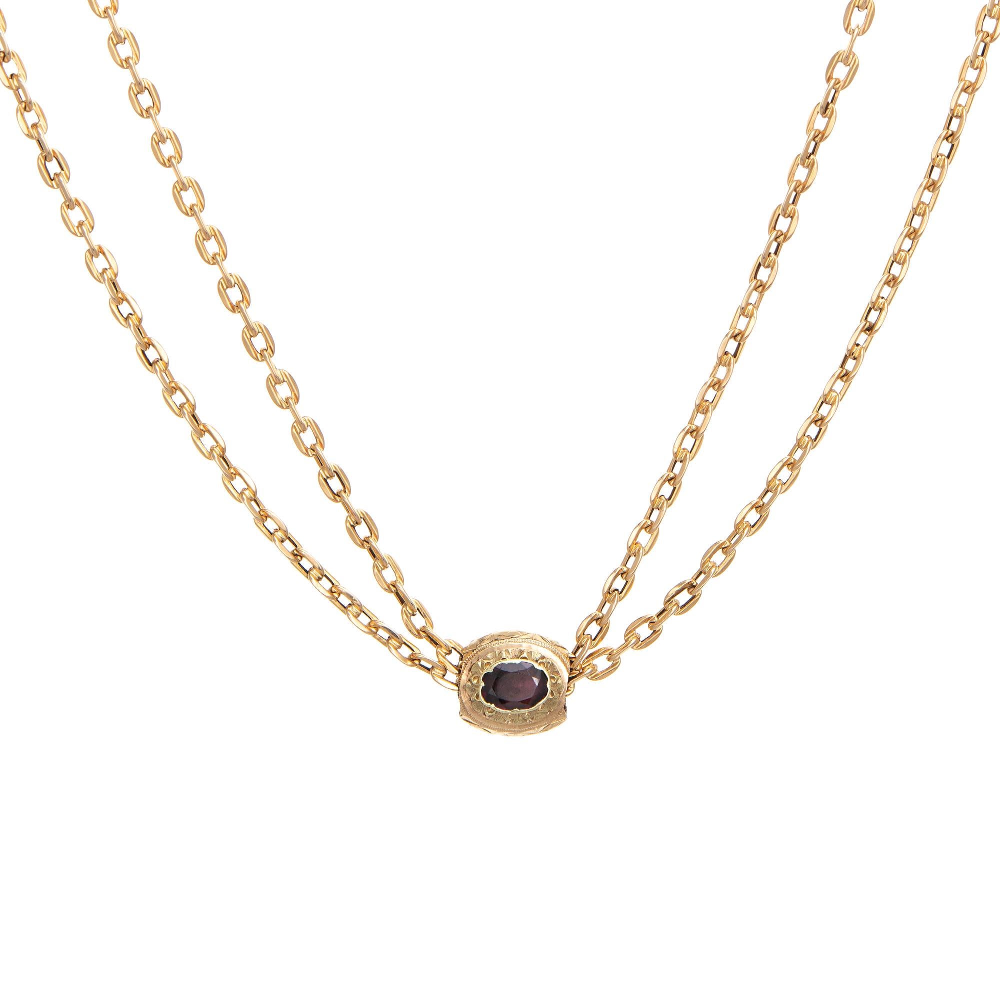 Antique Victorian Slide Chain Necklace 14k Yellow Gold Long Garnet Vintage In Good Condition In Torrance, CA