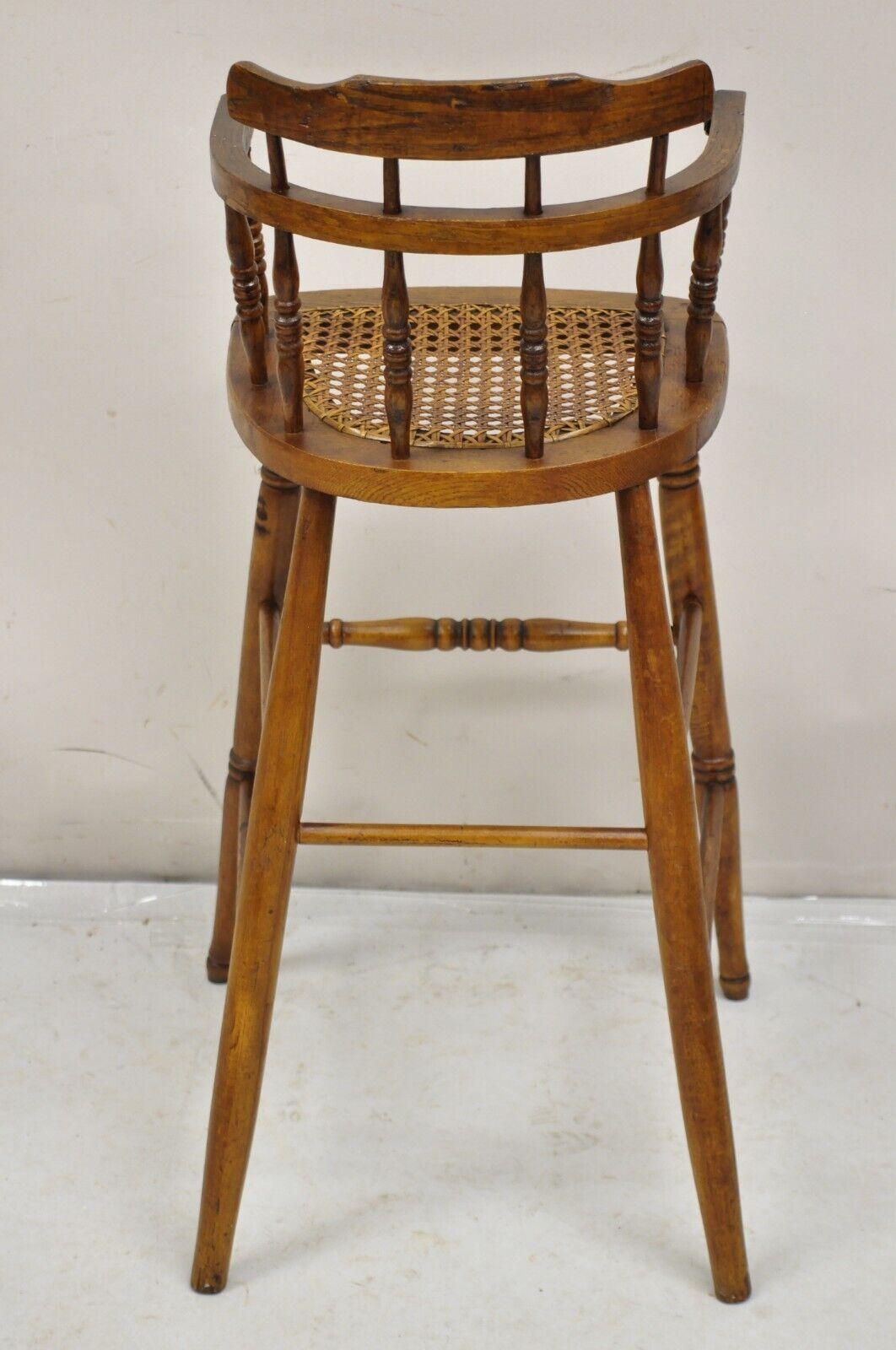 Antique Victorian Small Child's Oak Wood Spindle Cane Seat High Chair For Sale 5