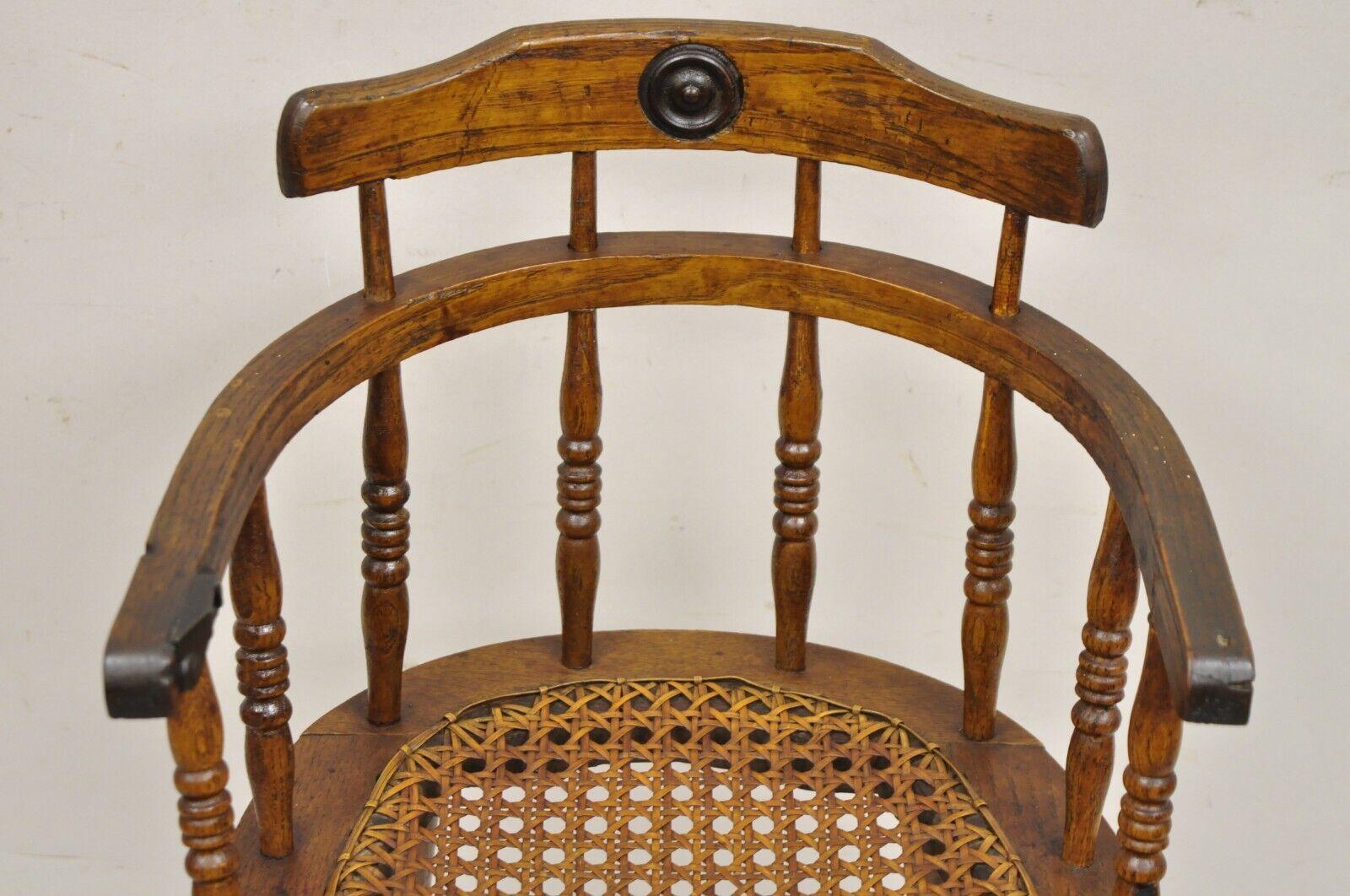 19th Century Antique Victorian Small Child's Oak Wood Spindle Cane Seat High Chair For Sale