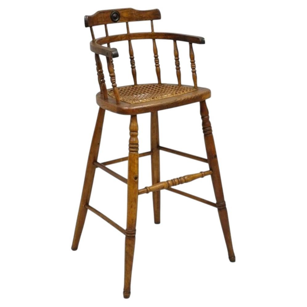 Antique Victorian Small Child's Oak Wood Spindle Cane Seat High Chair For Sale